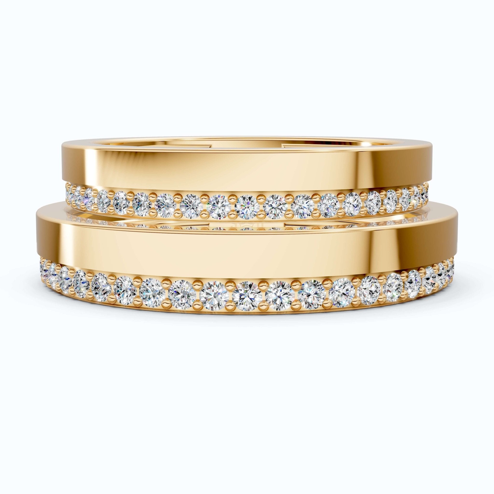 Elegant Flat Edge Eternity Couple Wedding Rings 14k Solid Gold, 0.95 TCW Round Cut Lab Created Diamonds, Everyday Rings, Gift For Couple - Shoora Designs