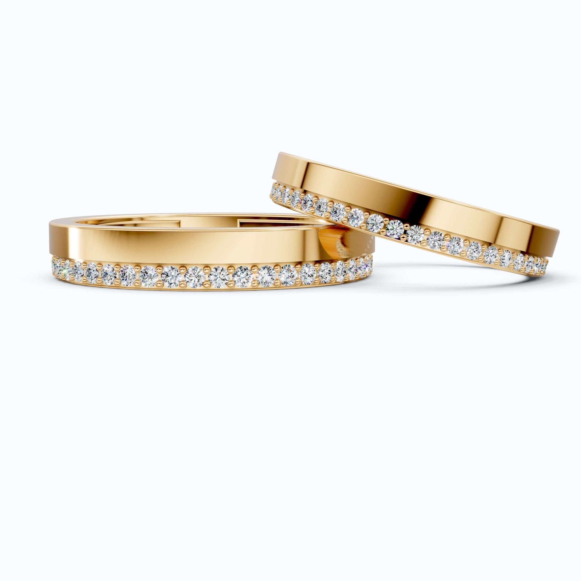 Elegant Flat Edge Eternity Couple Wedding Rings 14k Solid Gold, 0.95 TCW Round Cut Lab Created Diamonds, Everyday Rings, Gift For Couple - Shoora Designs