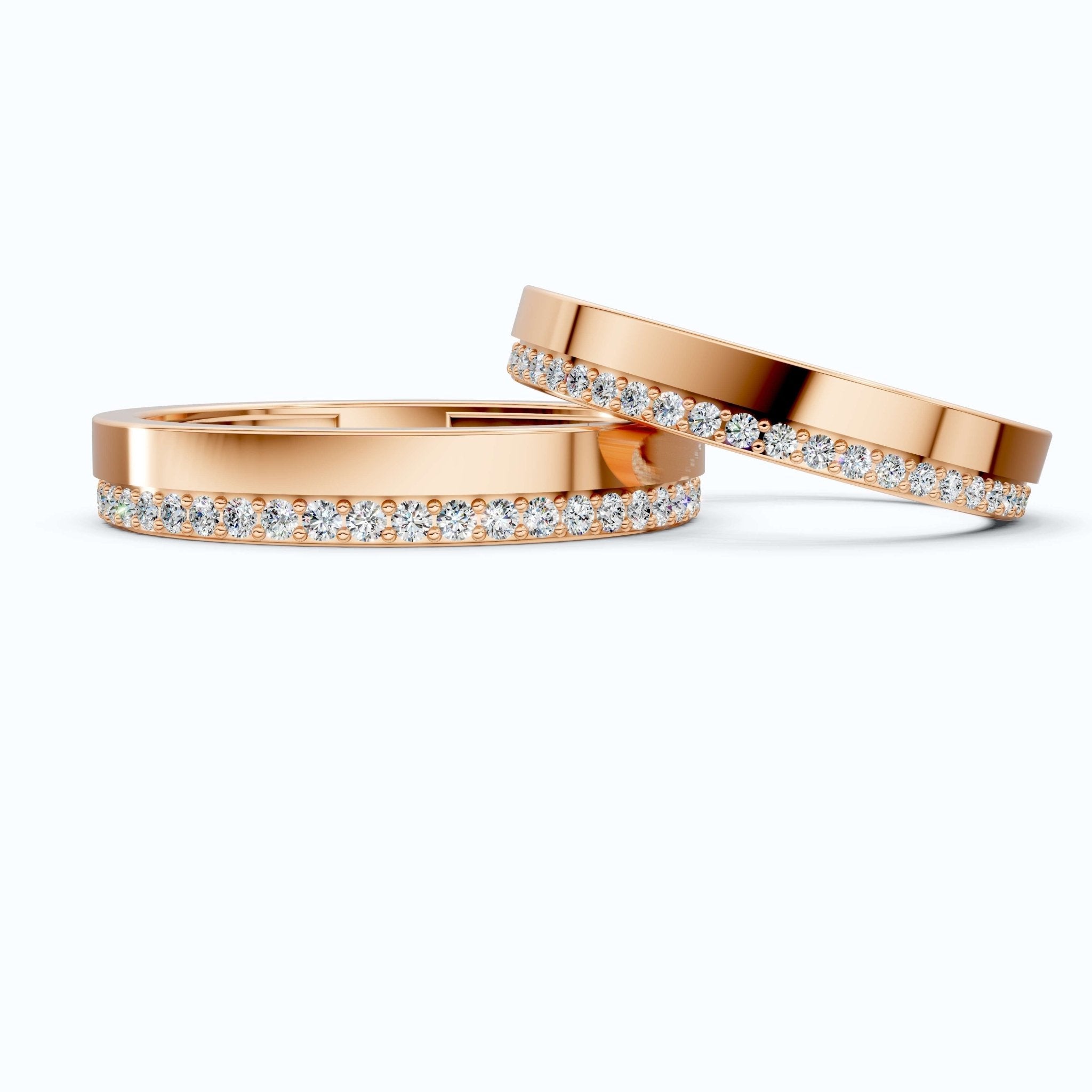 Elegant Flat Edge Eternity Couple Wedding Rings 14k Solid Gold, 0.95 TCW Round Cut Lab Created Diamonds, Everyday Rings, Gift For Couple - Shoora Designs