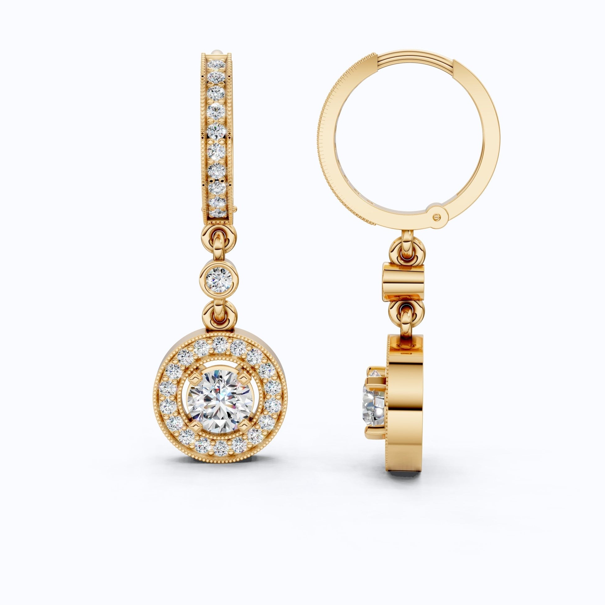 Elegant Halo Drop Hoop Earrings in 14K Solid Gold, 0.92 CT Round Cut Lab Created Diamond, Bridal Jewelry, Gift for Her - Shoora Designs