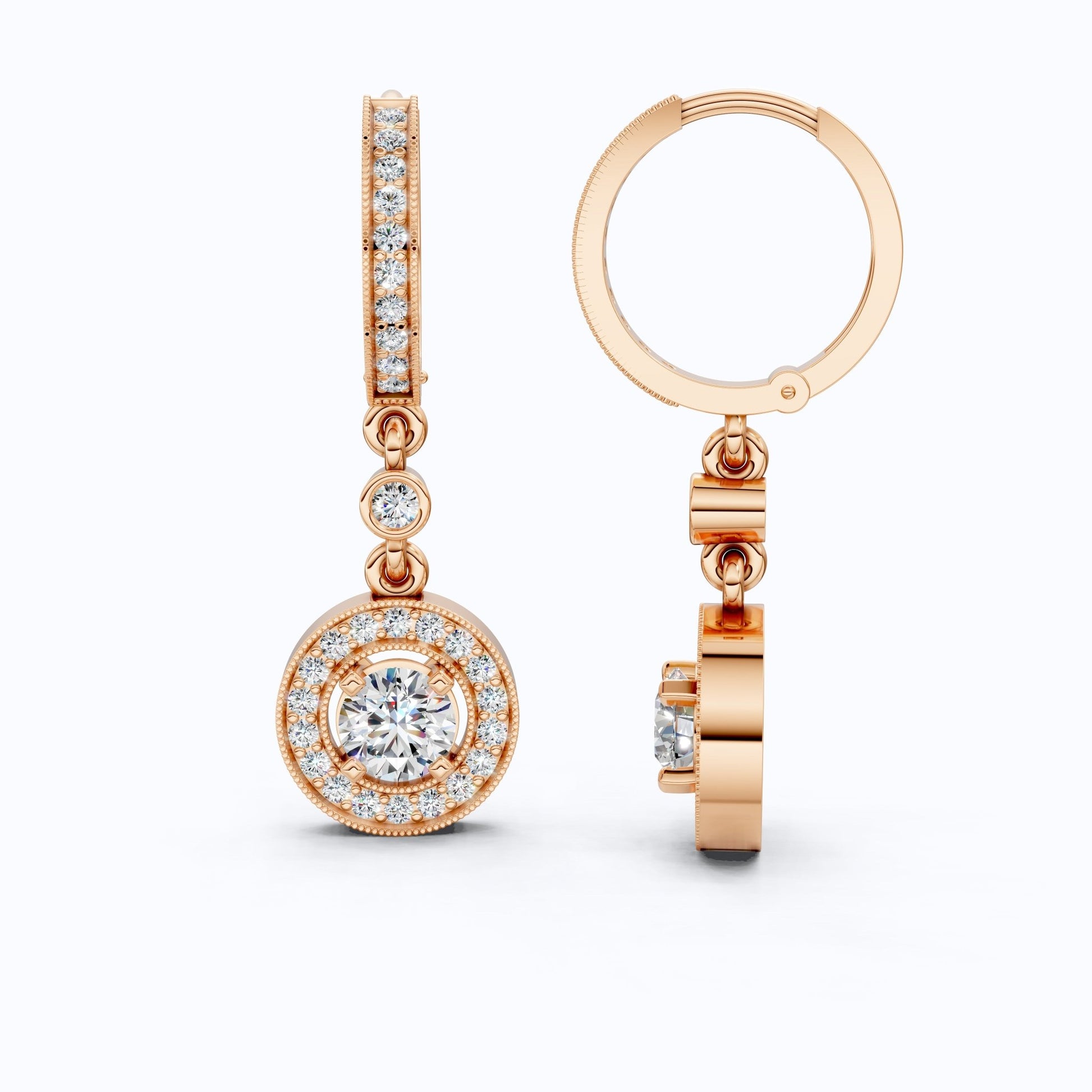 Elegant Halo Drop Hoop Earrings in 14K Solid Gold, 0.92 CT Round Cut Lab Created Diamond, Bridal Jewelry, Gift for Her - Shoora Designs