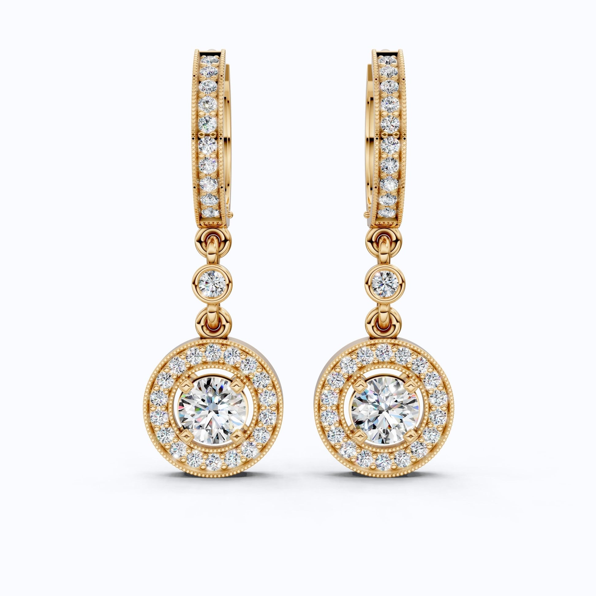 Elegant Halo Drop Hoop Earrings in 14K Solid Gold, 0.92 CT Round Cut Lab Created Diamond, Bridal Jewelry, Gift for Her - Shoora Designs