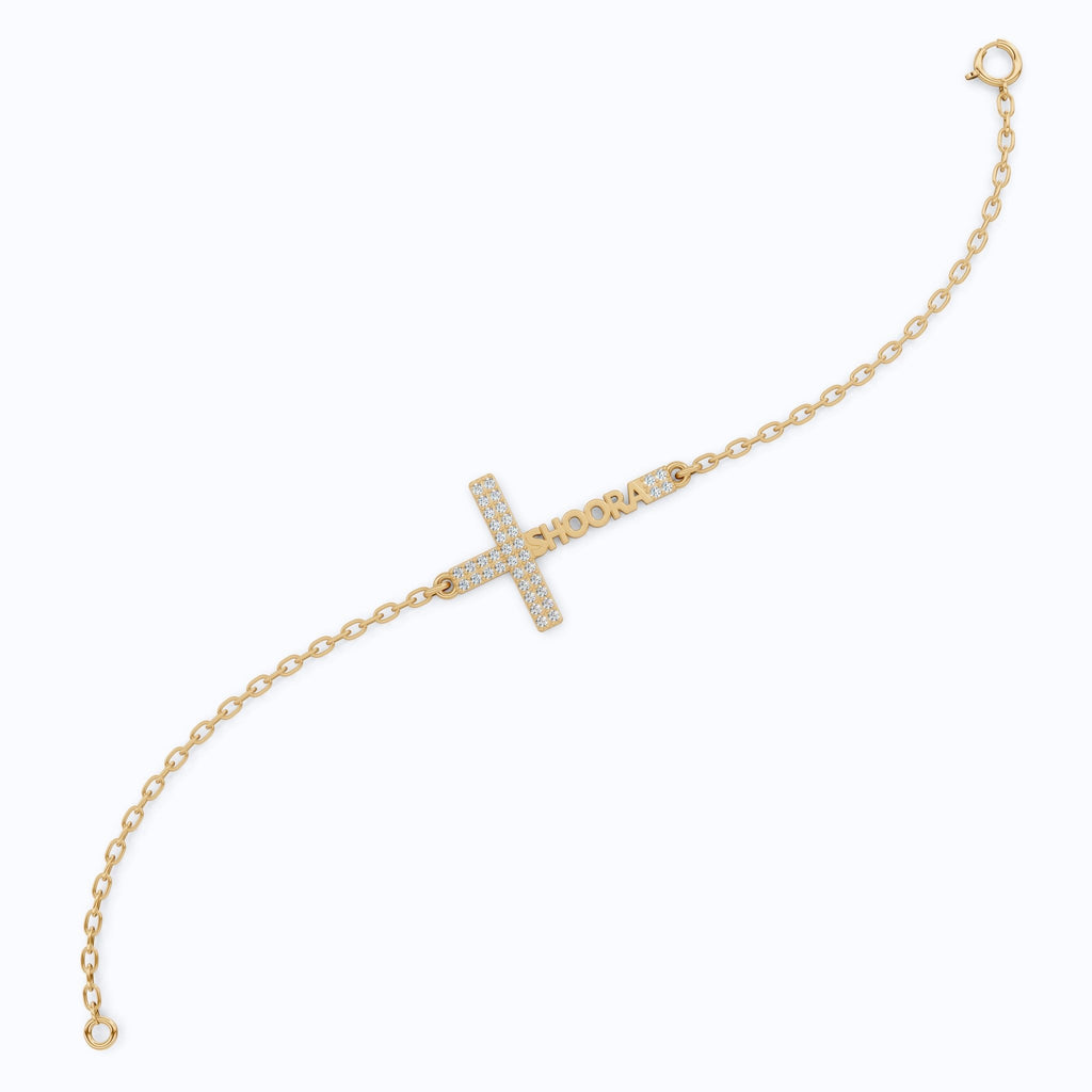 Elegant Pavé Cross Personalized Chain Bracelet in 14K Solid Gold, 0.18 TCW Round Cut Lab Grown Diamonds, Bridal Jewelry, Wedding Jewelry, Birthday Gift for Her - Shoora Designs