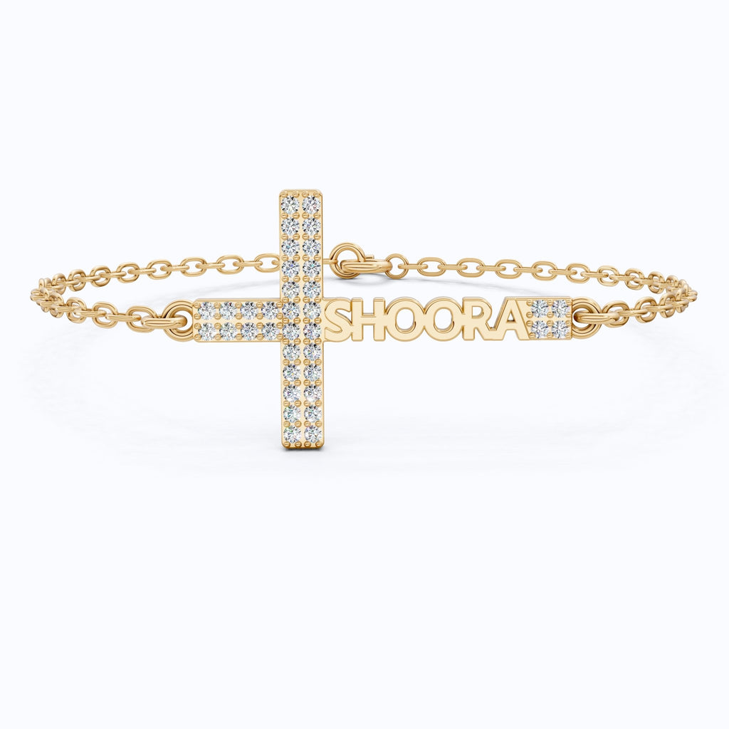 Elegant Pavé Cross Personalized Chain Bracelet in 14K Solid Gold, 0.18 TCW Round Cut Lab Grown Diamonds, Bridal Jewelry, Wedding Jewelry, Birthday Gift for Her - Shoora Designs