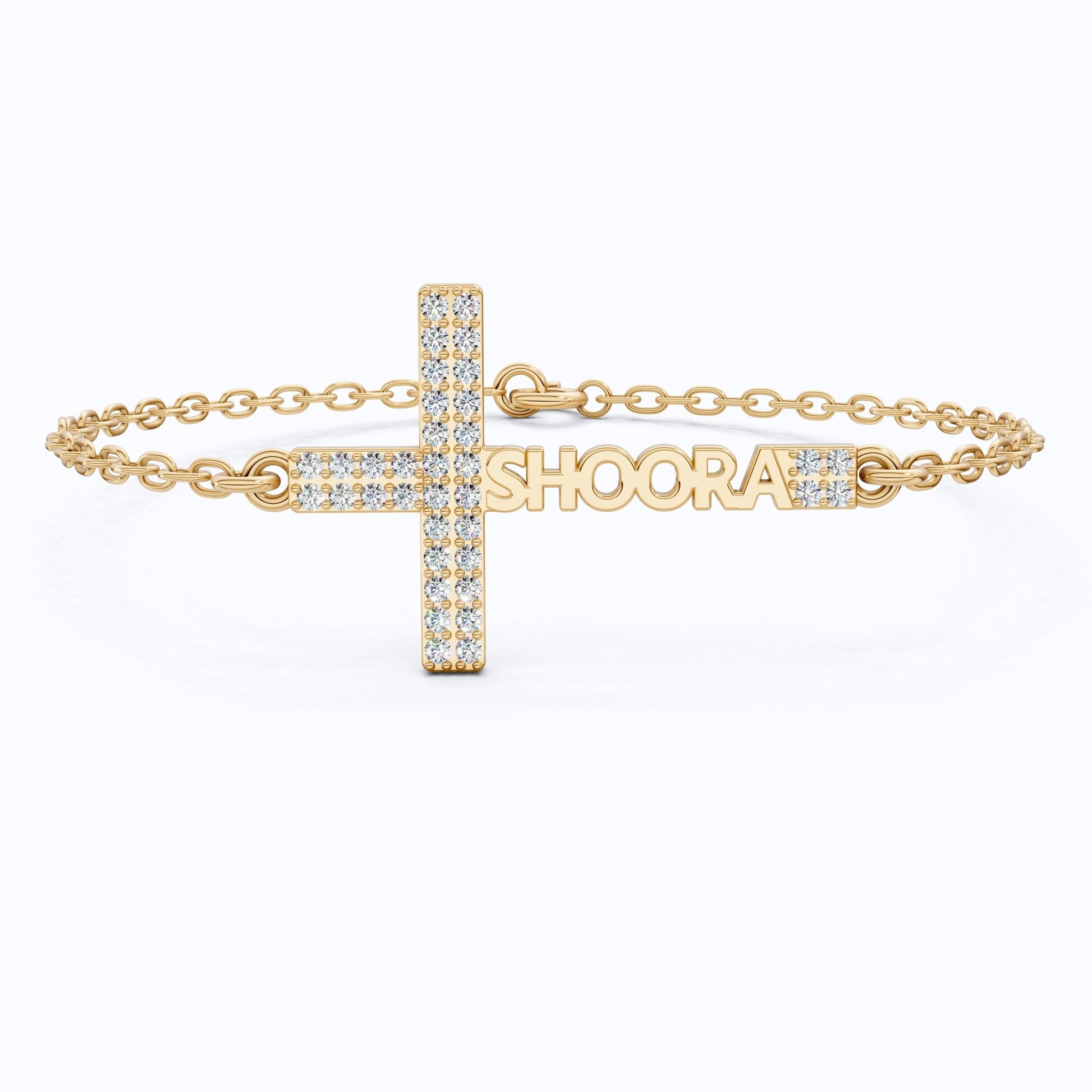 Elegant Pavé Cross Personalized Chain Bracelet in 14K Solid Gold, 0.18 TCW Round Cut Lab Grown Diamonds, Bridal Jewelry, Wedding Jewelry, Birthday Gift for Her - Shoora Designs
