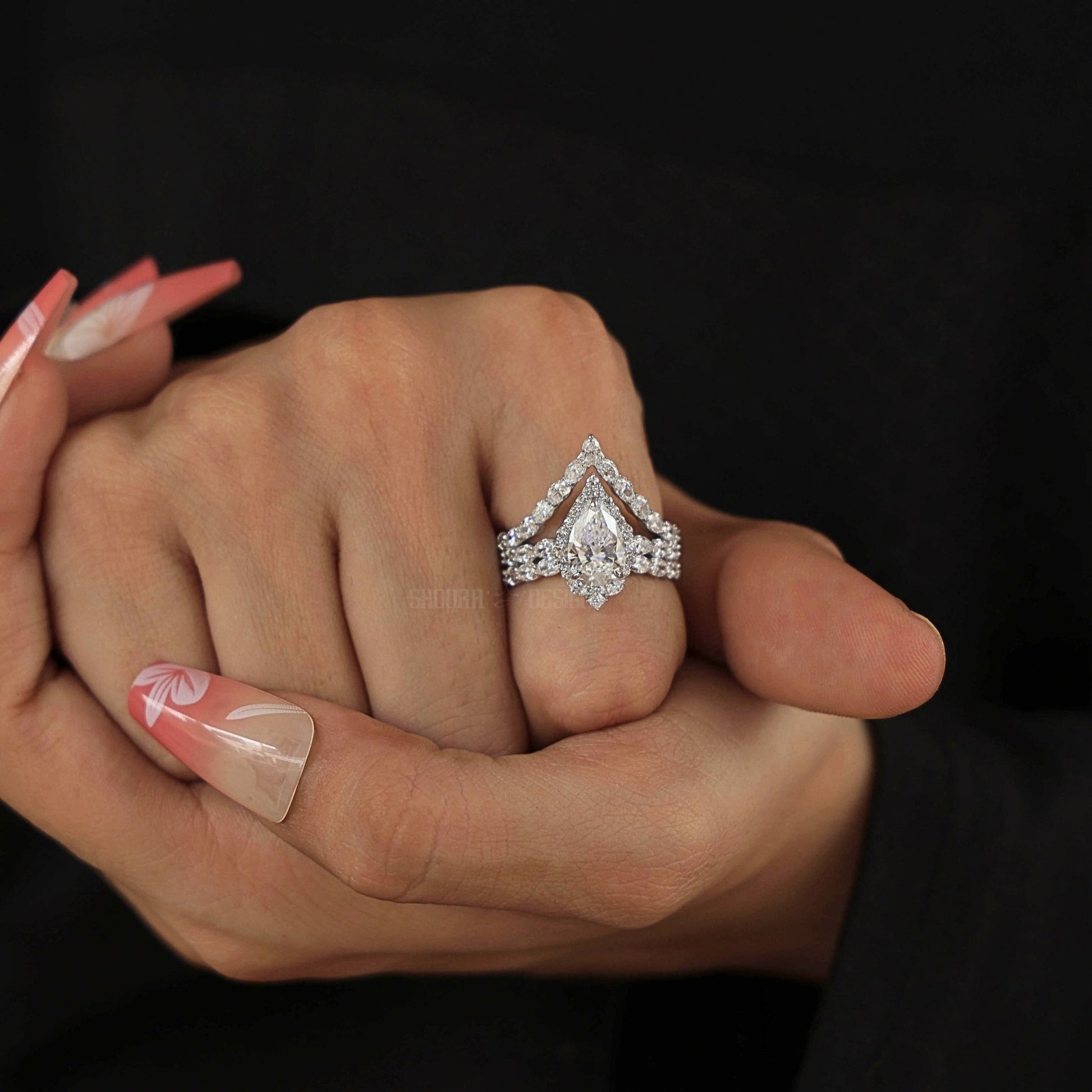 Elegant Pear Halo Chevron Ring Set in 14K White Gold with Lab Diamond, Wedding Bridal Set For Women, Handmade Jewelry - Shoora Designs