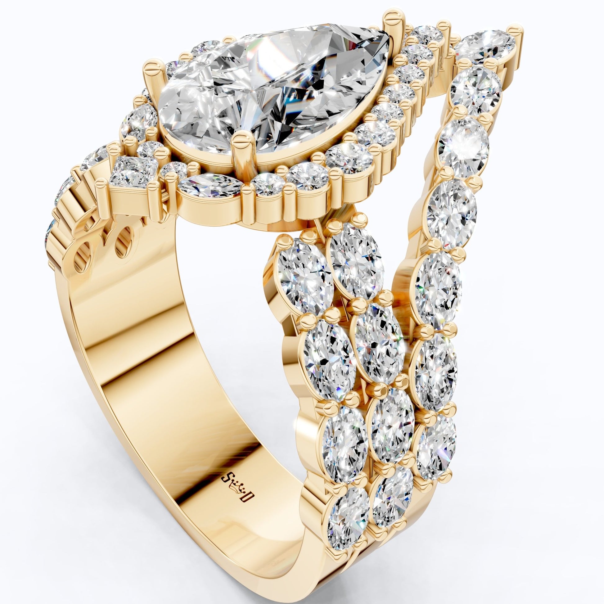 Elegant Pear Halo Chevron Ring Set in 14K White Gold with Lab Diamond, Wedding Bridal Set For Women, Handmade Jewelry - Shoora Designs