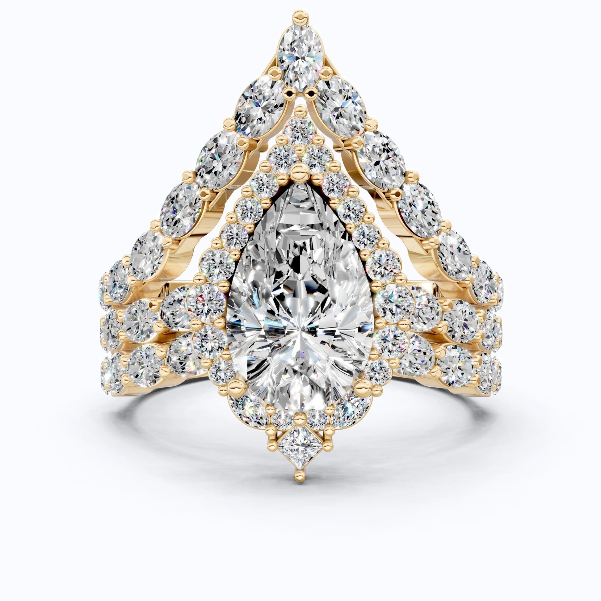 Elegant Pear Halo Chevron Ring Set in 14K White Gold with Lab Diamond, Wedding Bridal Set For Women, Handmade Jewelry - Shoora Designs