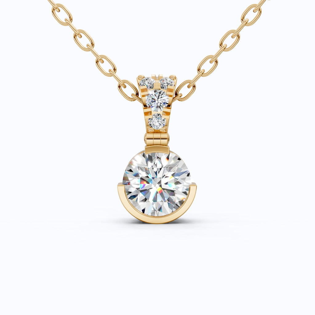 Elegant Round Half Bezel Set Solitaire Pendant with Accent Diamonds in 14K Solid Gold, 0.66 CT Round Cut Lab Diamond, Anniversary Gift for Her - Shoora Designs