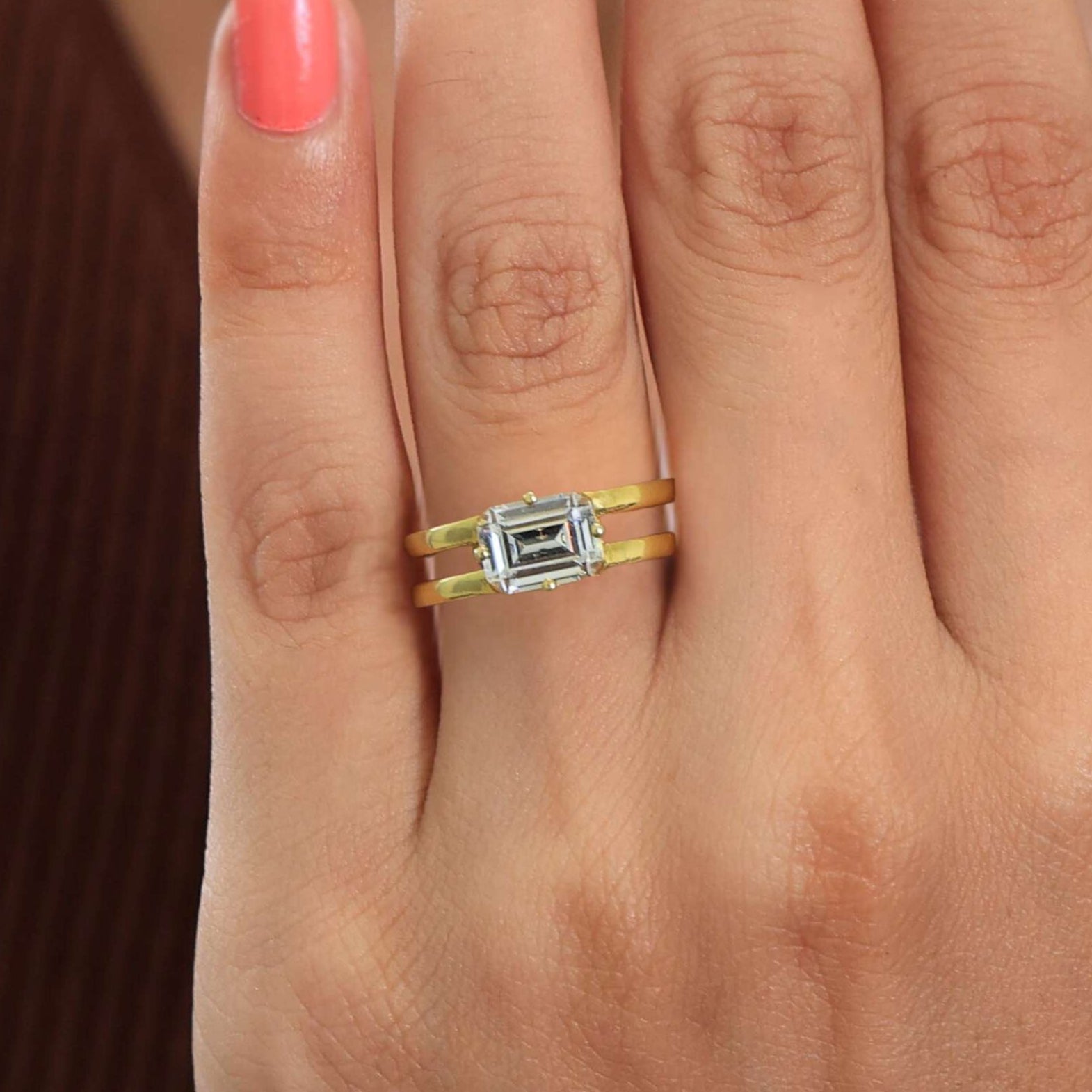 Elegant Split Band Solitaire Wedding Band in 18K Solid Gold, 1.75 CT Emerald Cut Lab Created Diamond, Anniversary Gift for Wife, Bridal Jewelry - Shoora Designs