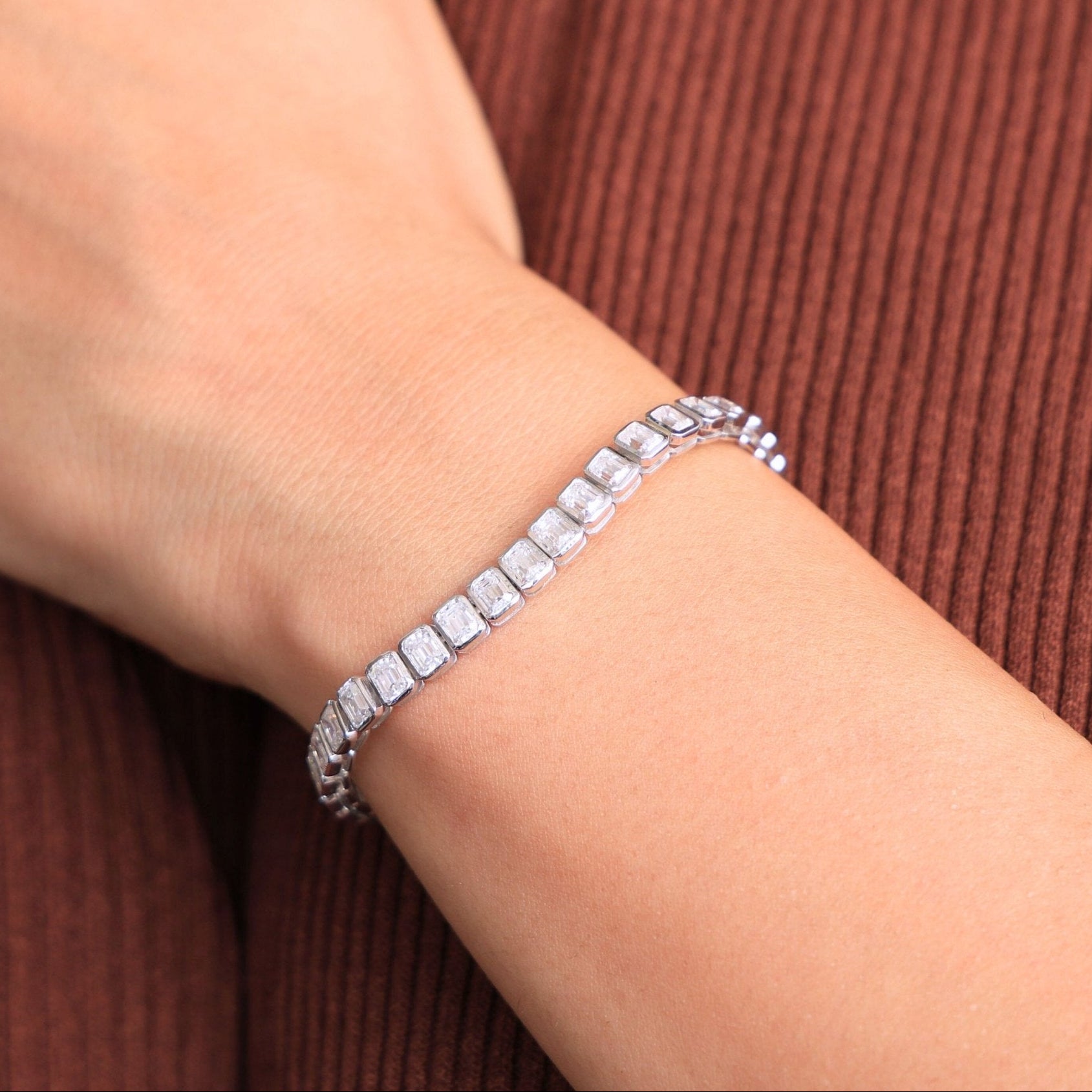 Emerald Cut Bezel Set Tennis Wedding Bracelet in 14k Solid Gold, 8.60 TCW Emerald Cut Lab Created Diamonds, Birthday Gift for Her, Handmade Bridal Jewelry - Shoora Designs