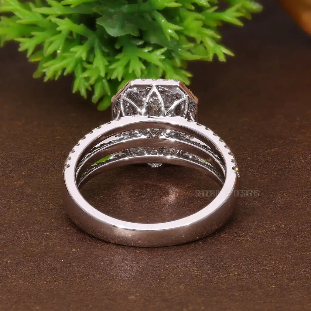 Emerald Cut Illusion Double Halo Pave Wedding Ring in Natural Diamond – 14k Solid Gold, Unique Three Row Pave Engagement Ring, Gift for Women, Handmade Jewelry - Shoora Designs