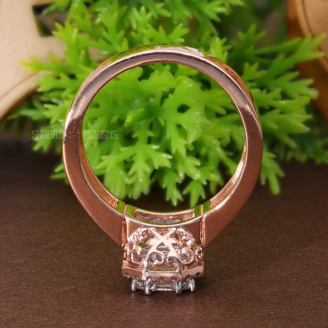 Emerald Cut Pie - Cut Illusion Halo Split Shank Engagement Ring in Natural Diamond – 18K Solid Gold, Anniversary Gift for Wife, Bridal Jewelry - Shoora Designs