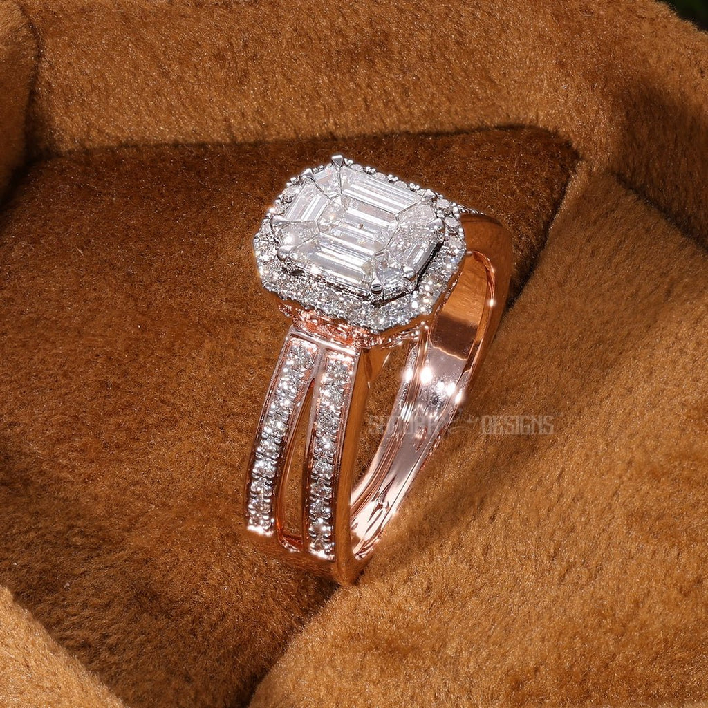 Emerald Cut Pie - Cut Illusion Halo Split Shank Engagement Ring in Natural Diamond – 18K Solid Gold, Anniversary Gift for Wife, Bridal Jewelry - Shoora Designs