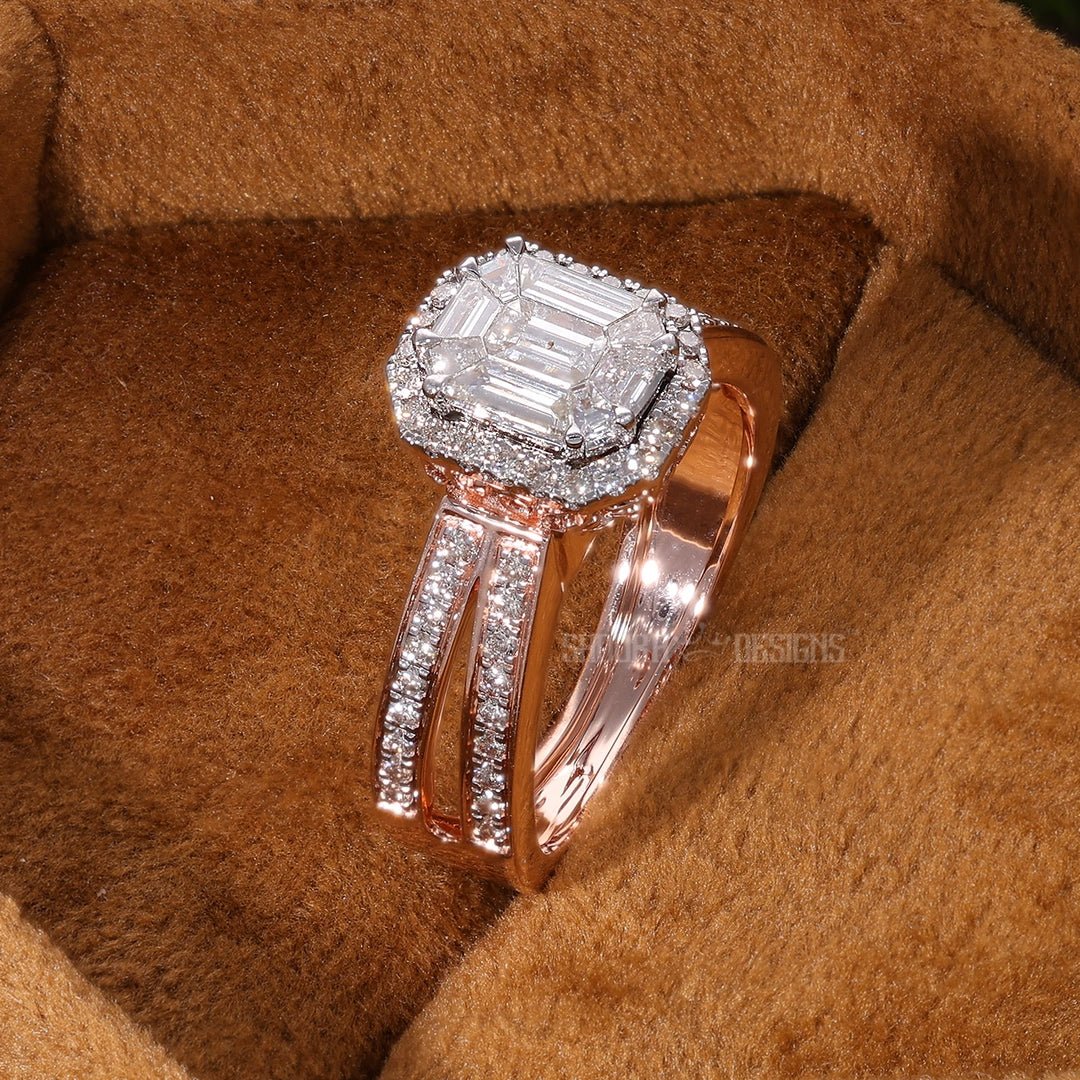 Emerald Cut Pie - Cut Illusion Halo Split Shank Engagement Ring in Natural Diamond – 18K Solid Gold, Anniversary Gift for Wife, Bridal Jewelry - Shoora Designs