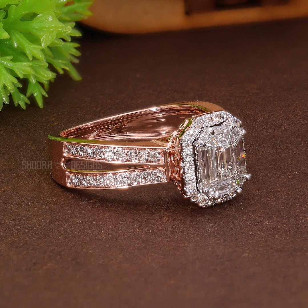 Emerald Cut Pie - Cut Illusion Halo Split Shank Engagement Ring in Natural Diamond – 18K Solid Gold, Anniversary Gift for Wife, Bridal Jewelry - Shoora Designs
