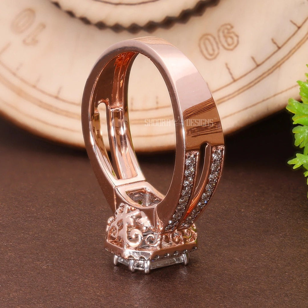 Emerald Cut Pie - Cut Illusion Halo Split Shank Engagement Ring in Natural Diamond – 18K Solid Gold, Anniversary Gift for Wife, Bridal Jewelry - Shoora Designs