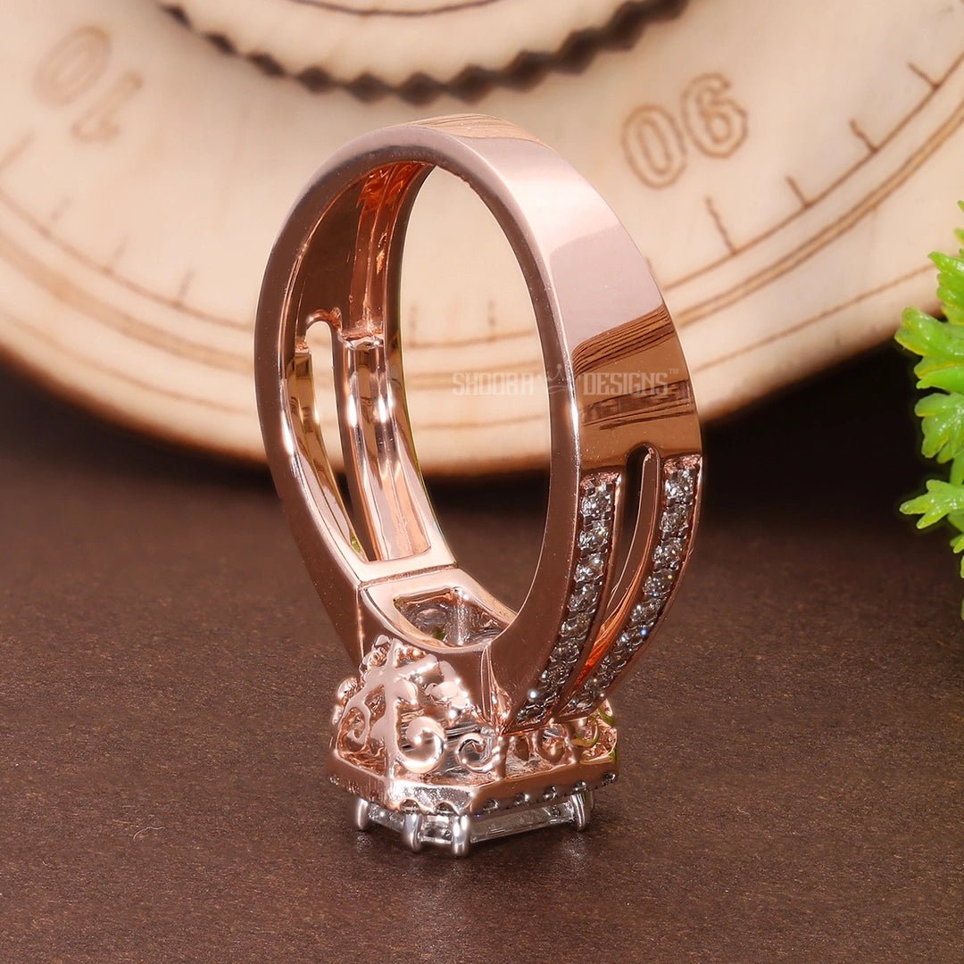 Emerald Cut Pie - Cut Illusion Halo Split Shank Engagement Ring in Natural Diamond – 18K Solid Gold, Anniversary Gift for Wife, Bridal Jewelry - Shoora Designs