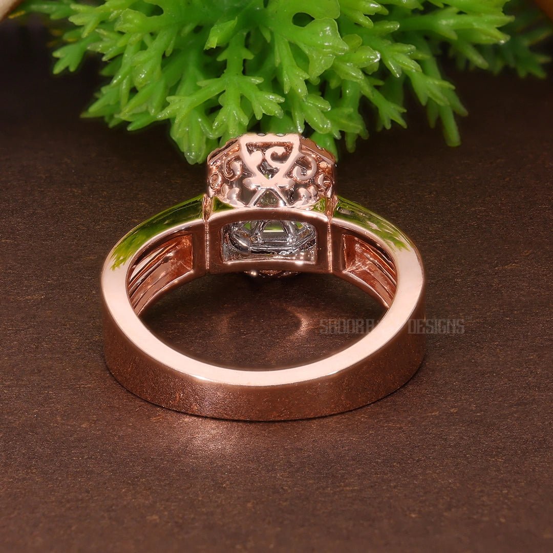 Emerald Cut Pie - Cut Illusion Halo Split Shank Engagement Ring in Natural Diamond – 18K Solid Gold, Anniversary Gift for Wife, Bridal Jewelry - Shoora Designs