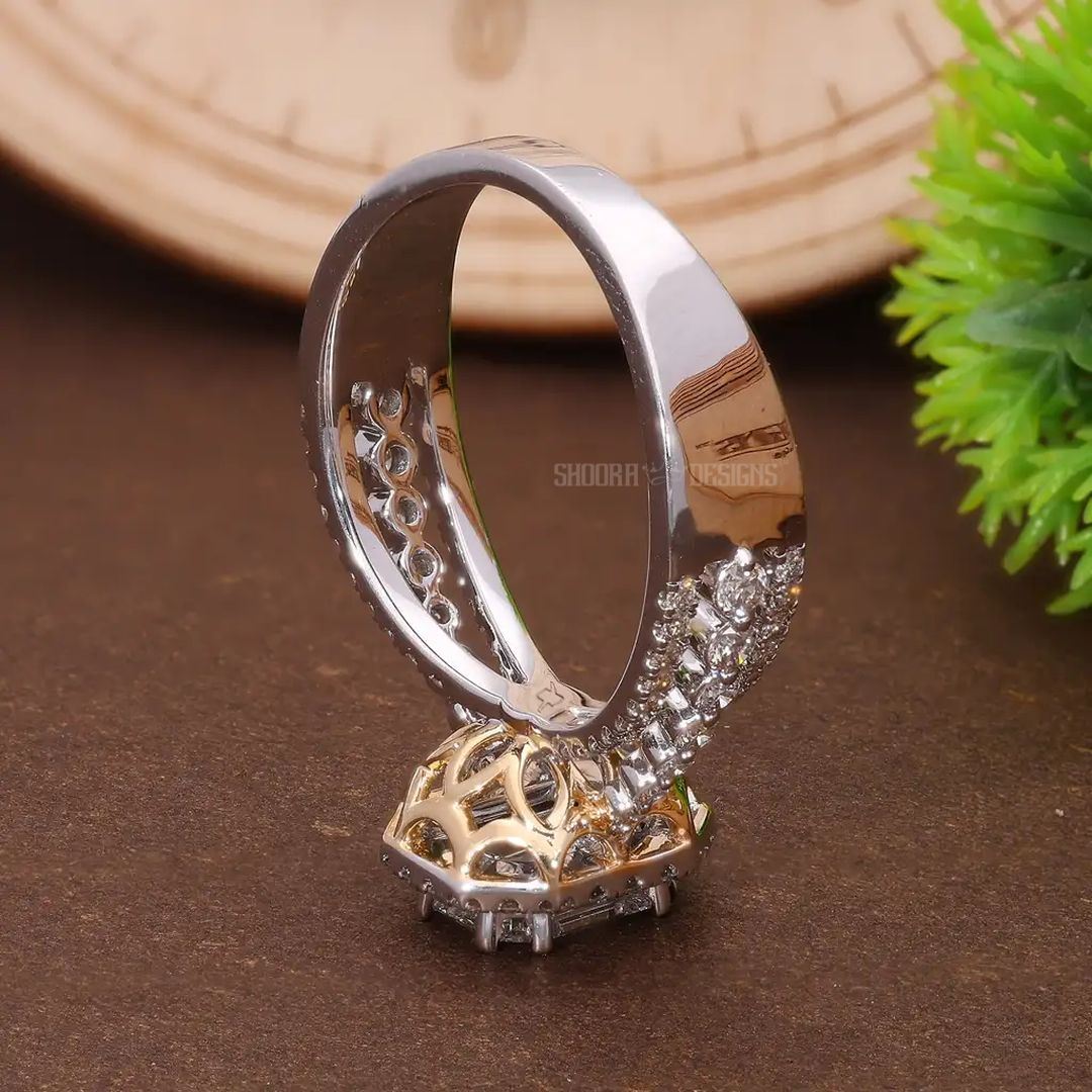 Emerald Cut Pie - Cut Natural Diamond Double Halo Pave Engagement Ring in 14K Solid Gold, Three Row Pave Illusion Ring, Handmade Bridal Jewelry - Shoora Designs