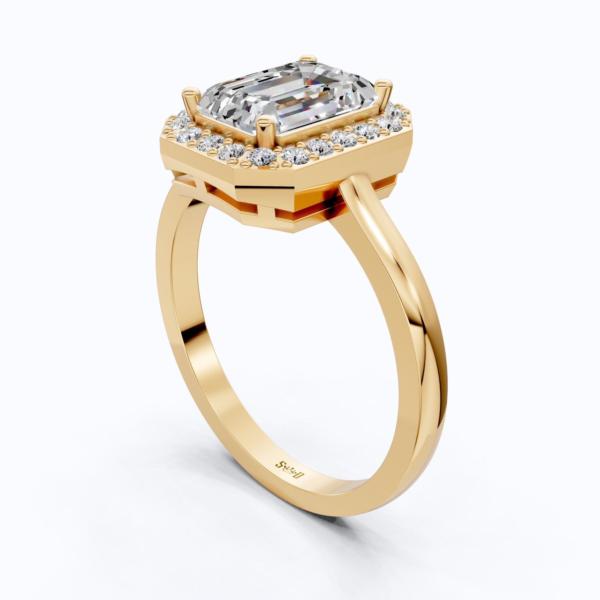 Emerald Halo Art Deco Engagement Ring in Lab Diamond or Moissanite – Solid 9k/14k Gold or Sterling Silver Wedding Ring Gift for Wife, Anniversary GIft - Shoora Designs