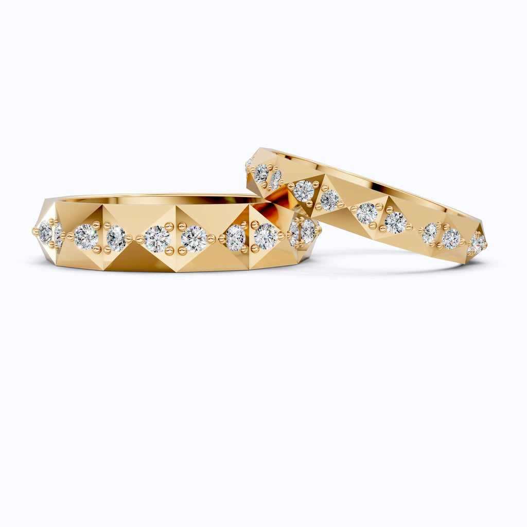 Faceted Geometric Eternity Couple Wedding Ring 14k Solid Gold, 1.27 TCW Round Cut Lab Created Diamonds, Promise Ring, Anniversary Gift for Her - Shoora Designs