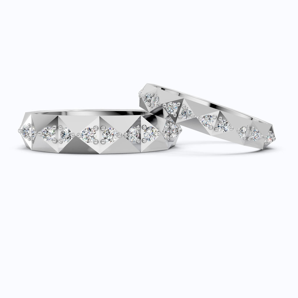 Faceted Geometric Eternity Couple Wedding Ring 14k Solid Gold, 1.27 TCW Round Cut Lab Created Diamonds, Promise Ring, Anniversary Gift for Her - Shoora Designs