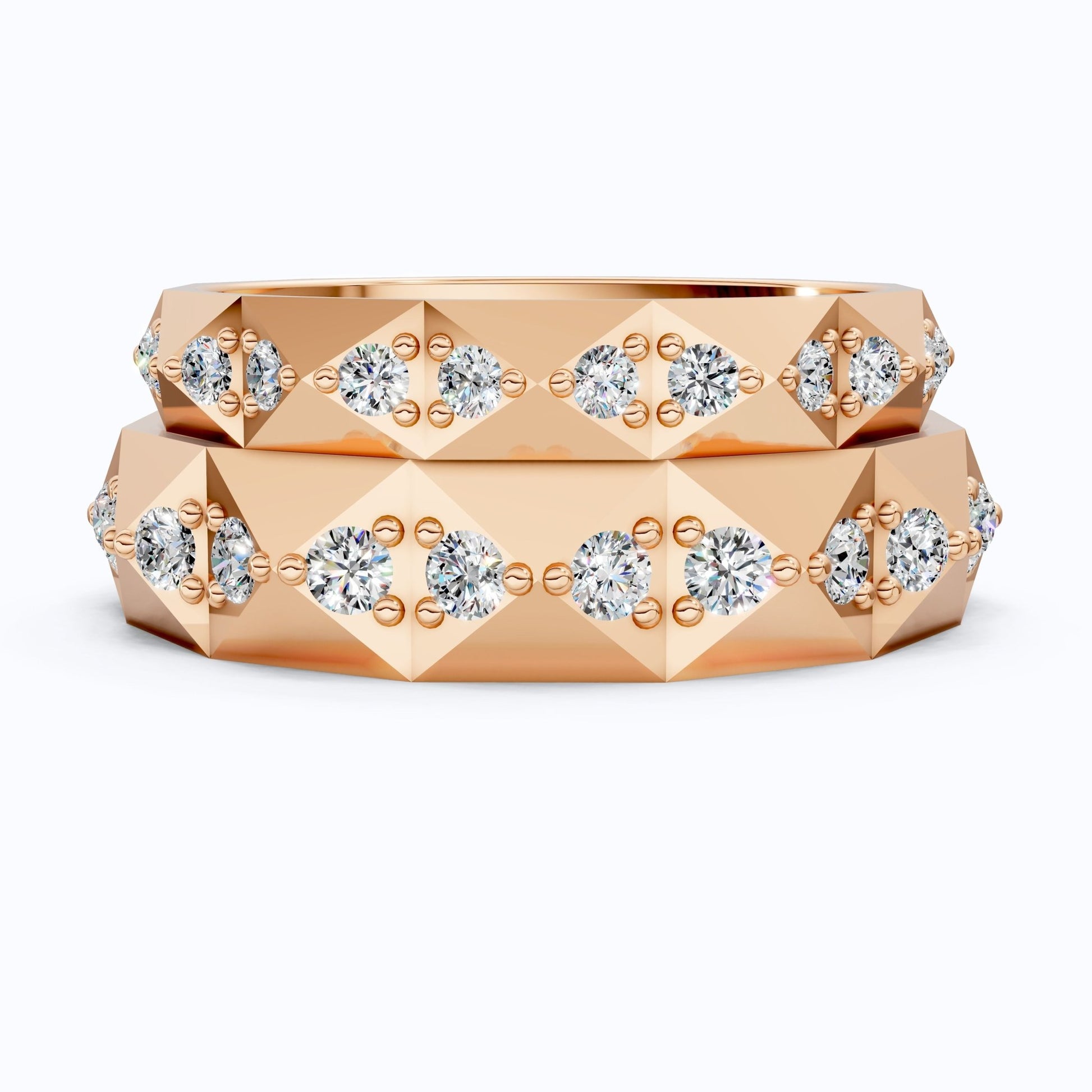 Faceted Geometric Eternity Couple Wedding Ring 14k Solid Gold, 1.27 TCW Round Cut Lab Created Diamonds, Promise Ring, Anniversary Gift for Her - Shoora Designs