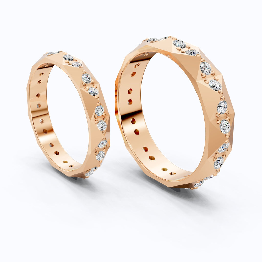 Faceted Geometric Eternity Couple Wedding Ring 14k Solid Gold, 1.27 TCW Round Cut Lab Created Diamonds, Promise Ring, Anniversary Gift for Her - Shoora Designs