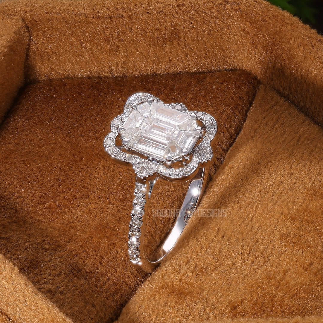 Floral Halo Pave Pie - Cut Wedding Ring in Natural Diamond – 14K Solid Gold, Handmade Bridal Jewelry, Anniversary Gift for Wife, Everyday Ring - Shoora Designs