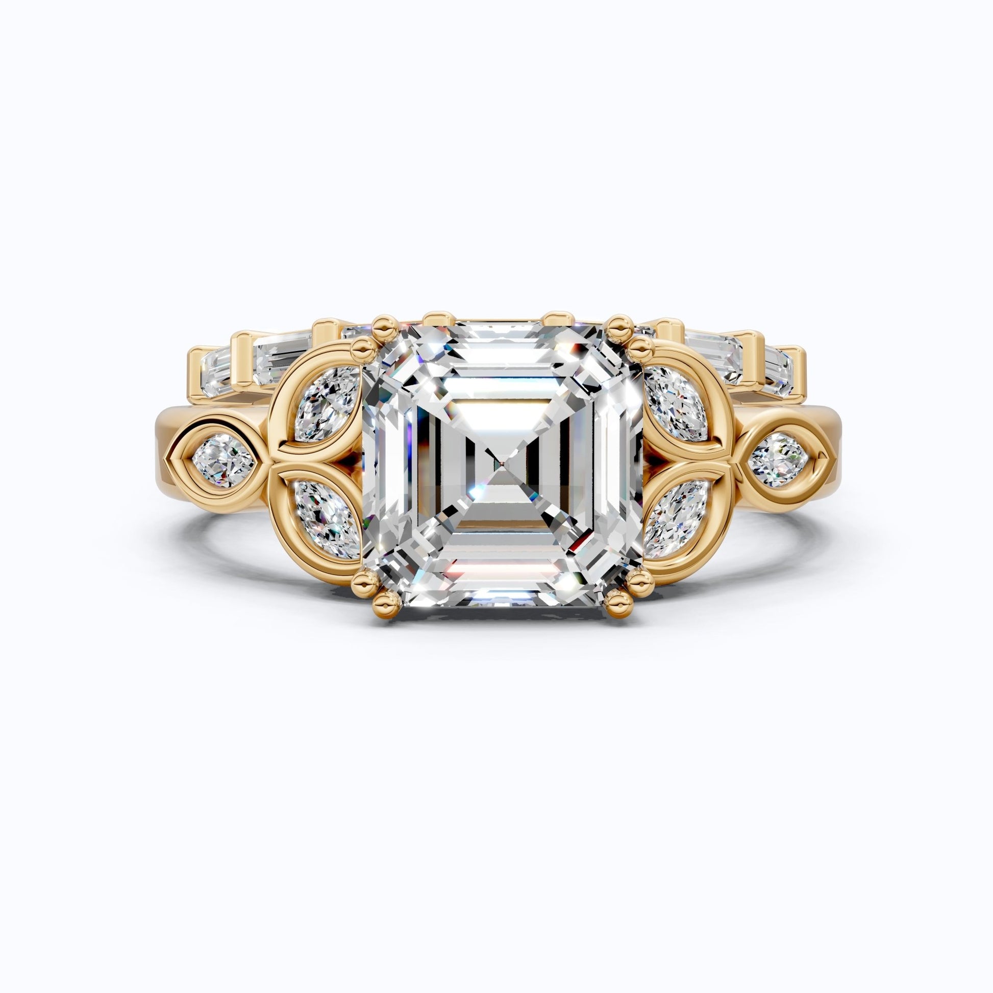 Floral Leafy Asscher with Baguette Stack Band Bridal Set in Lab Diamond - 14K Solid Gold, 2.00 CT Asscher Cut Lab Grown Diamond, Handmade Ring Set, Everyday Jewelry - Shoora Designs