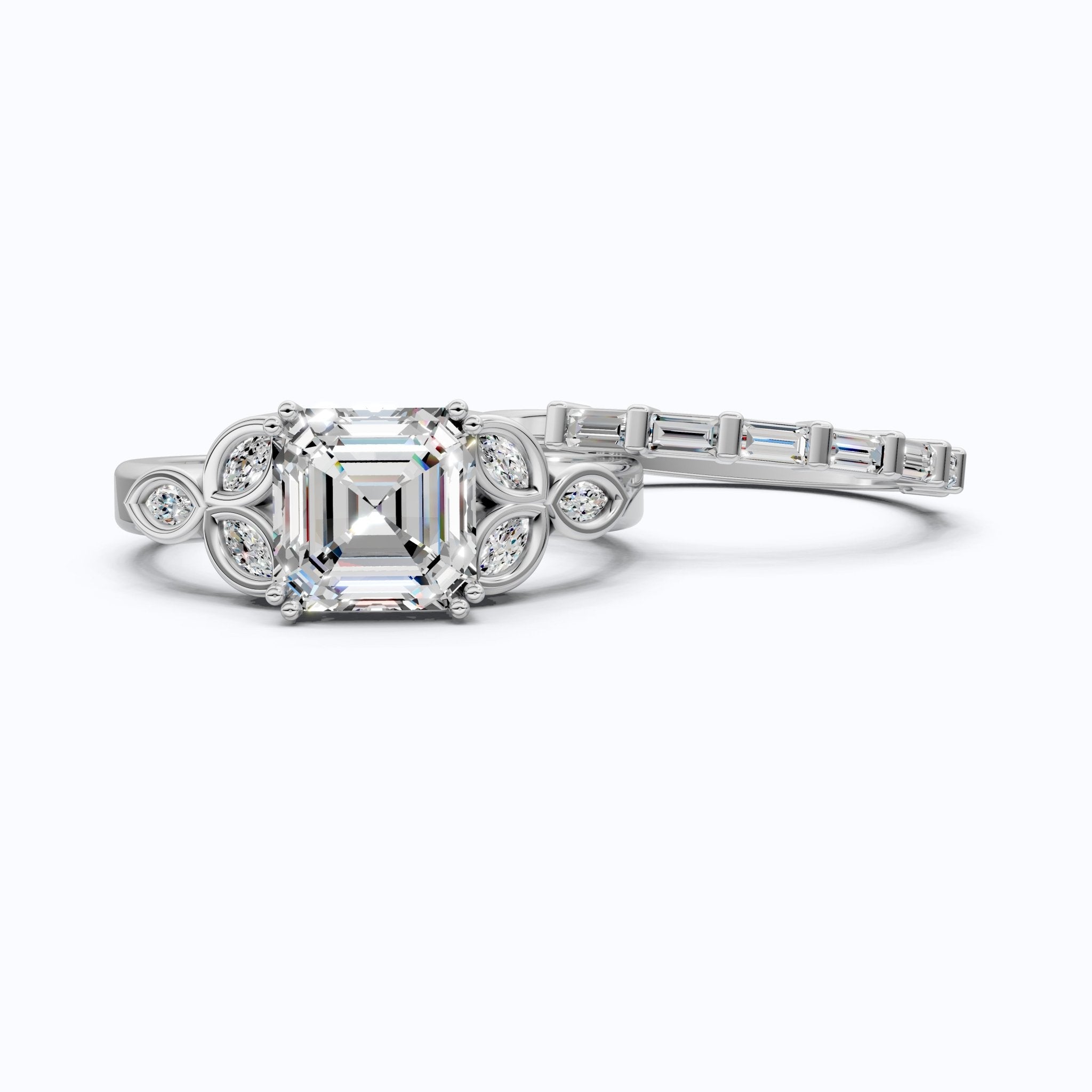 Floral Leafy Asscher with Baguette Stack Band Bridal Set in Lab Diamond - 14K Solid Gold, 2.00 CT Asscher Cut Lab Grown Diamond, Handmade Ring Set, Everyday Jewelry - Shoora Designs