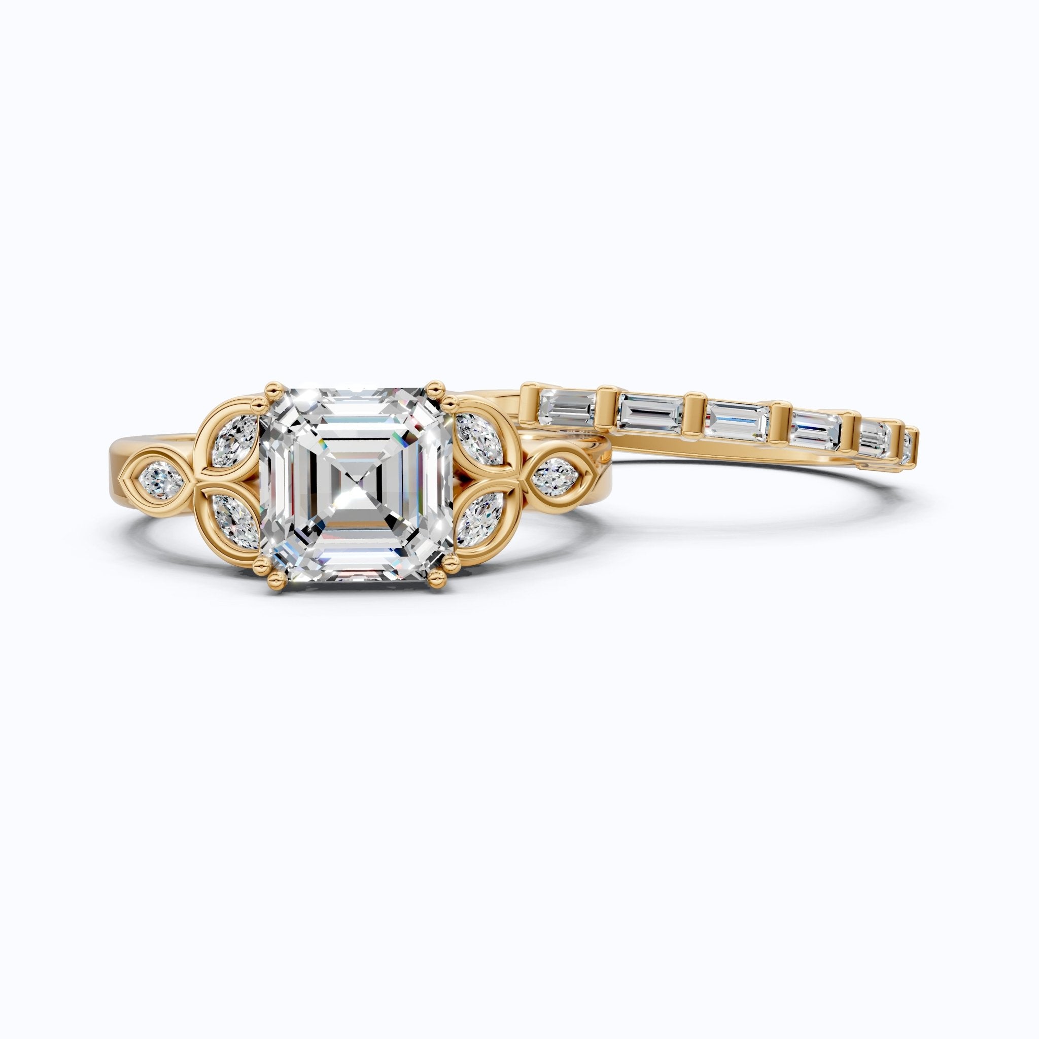 Floral Leafy Asscher with Baguette Stack Band Bridal Set in Lab Diamond - 14K Solid Gold, 2.00 CT Asscher Cut Lab Grown Diamond, Handmade Ring Set, Everyday Jewelry - Shoora Designs