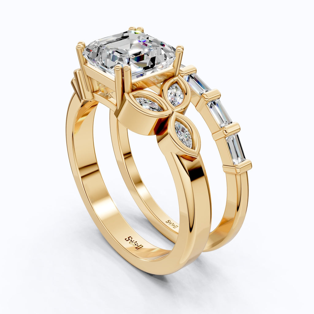 Floral Leafy Asscher with Baguette Stack Band Bridal Set in Lab Diamond - 14K Solid Gold, 2.00 CT Asscher Cut Lab Grown Diamond, Handmade Ring Set, Everyday Jewelry - Shoora Designs