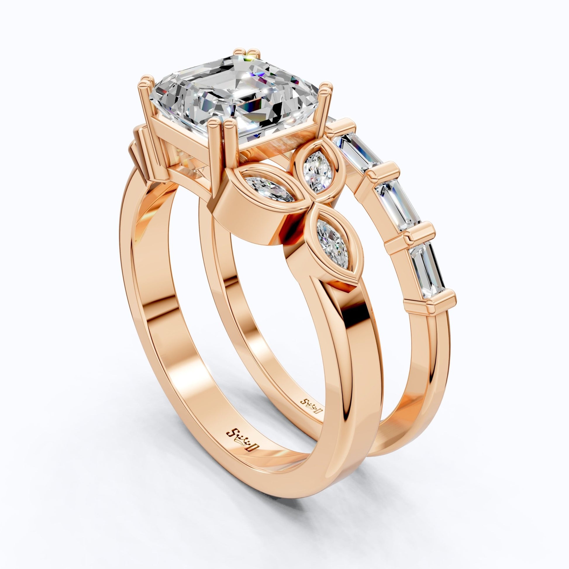 Floral Leafy Asscher with Baguette Stack Band Bridal Set in Lab Diamond - 14K Solid Gold, 2.00 CT Asscher Cut Lab Grown Diamond, Handmade Ring Set, Everyday Jewelry - Shoora Designs