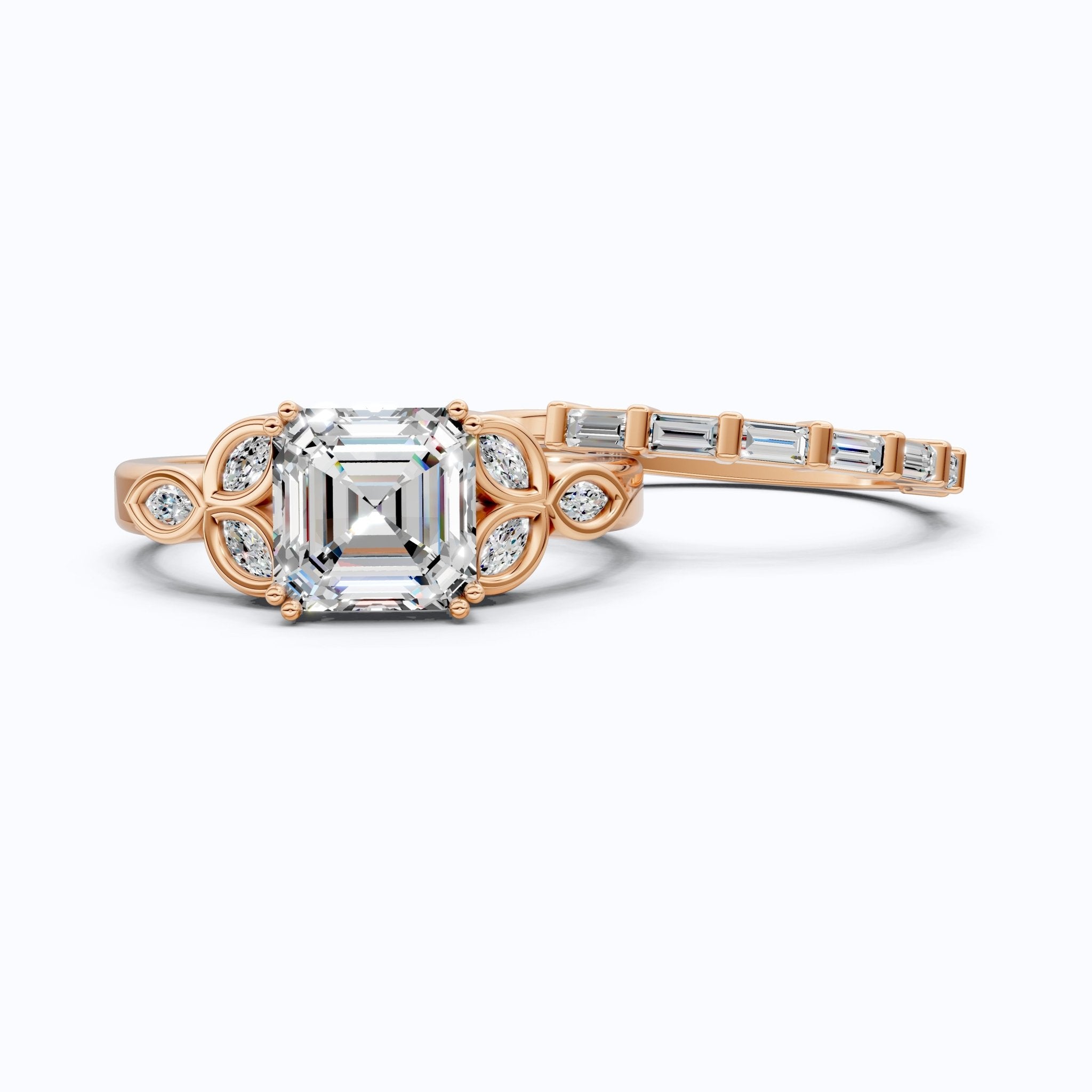 Floral Leafy Asscher with Baguette Stack Band Bridal Set in Lab Diamond - 14K Solid Gold, 2.00 CT Asscher Cut Lab Grown Diamond, Handmade Ring Set, Everyday Jewelry - Shoora Designs