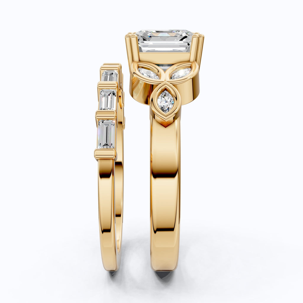 Floral Leafy Asscher with Baguette Stack Band Bridal Set in Lab Diamond - 14K Solid Gold, 2.00 CT Asscher Cut Lab Grown Diamond, Handmade Ring Set, Everyday Jewelry - Shoora Designs