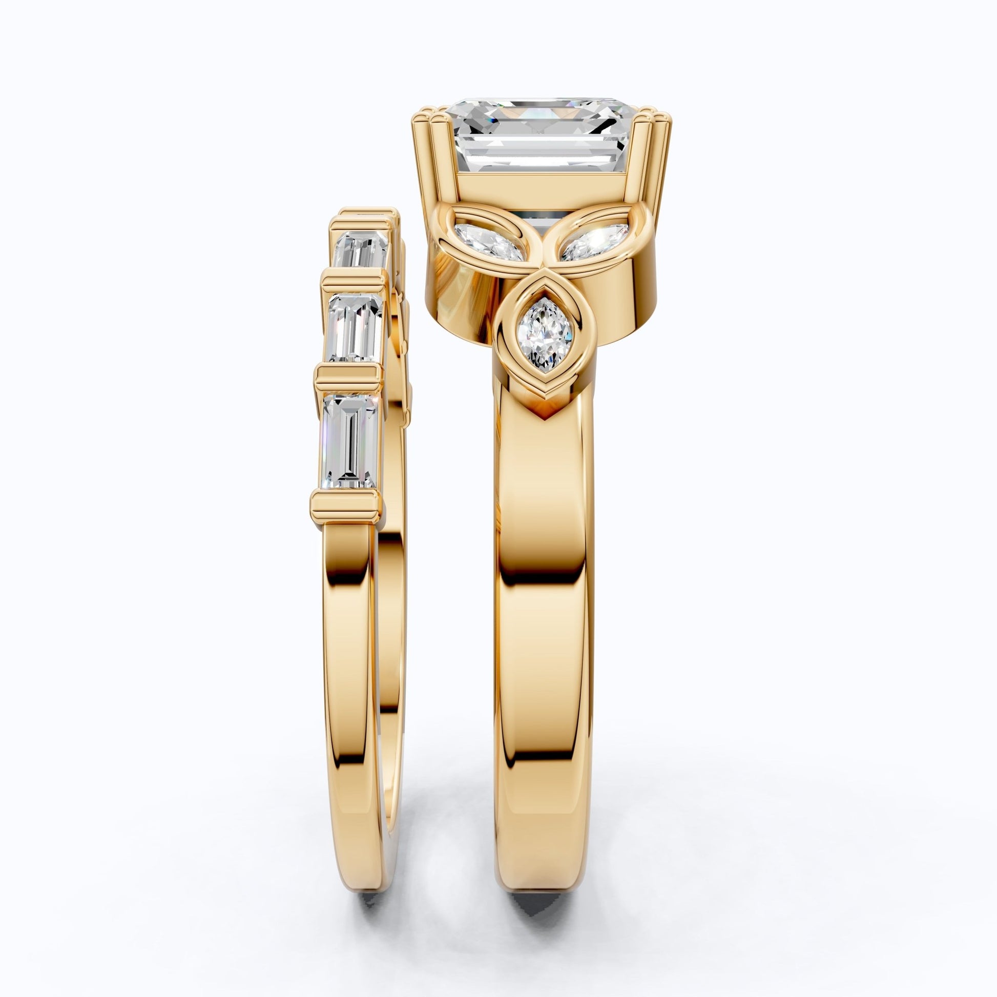 Floral Leafy Asscher with Baguette Stack Band Bridal Set in Lab Diamond - 14K Solid Gold, 2.00 CT Asscher Cut Lab Grown Diamond, Handmade Ring Set, Everyday Jewelry - Shoora Designs