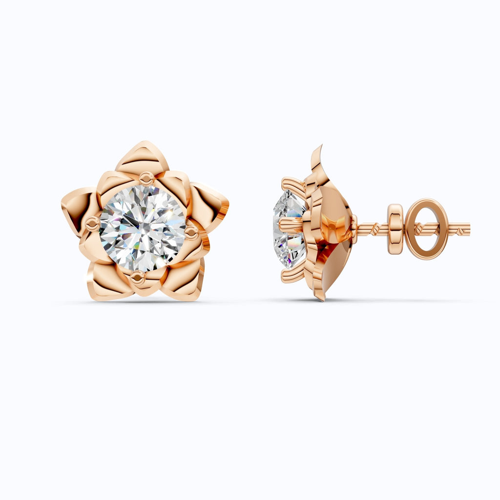 Floral Petal Solitaire Stud Earrings in 14k Rose Gold, 1.68 TCW Round Cut Lab Diamonds, Anniversary Gift for Women, Flower Shaped Earrings - Shoora Designs