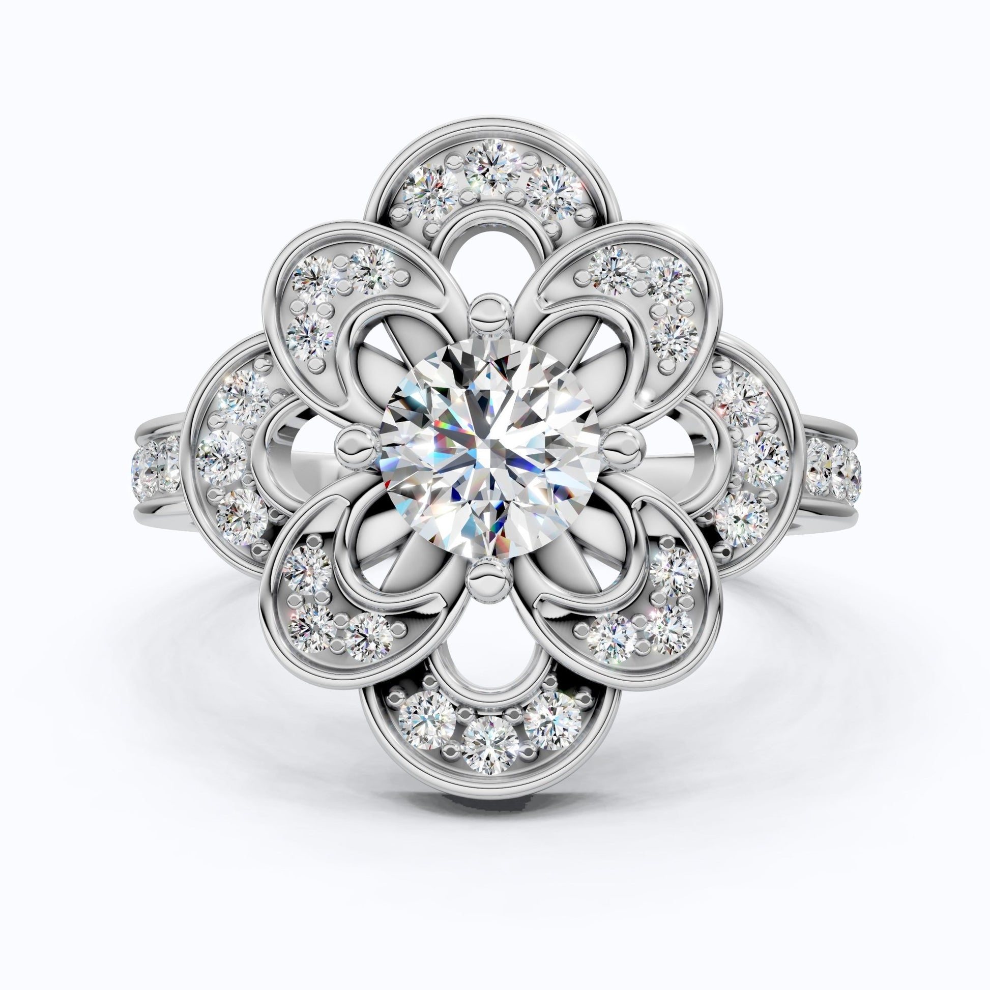 Floral Romantic Bloom Halo Unique Engagement Ring in Solid 14k Gold, Bridal Gift for Wife, Elegant Cluster Anniversary Ring - Shoora Designs