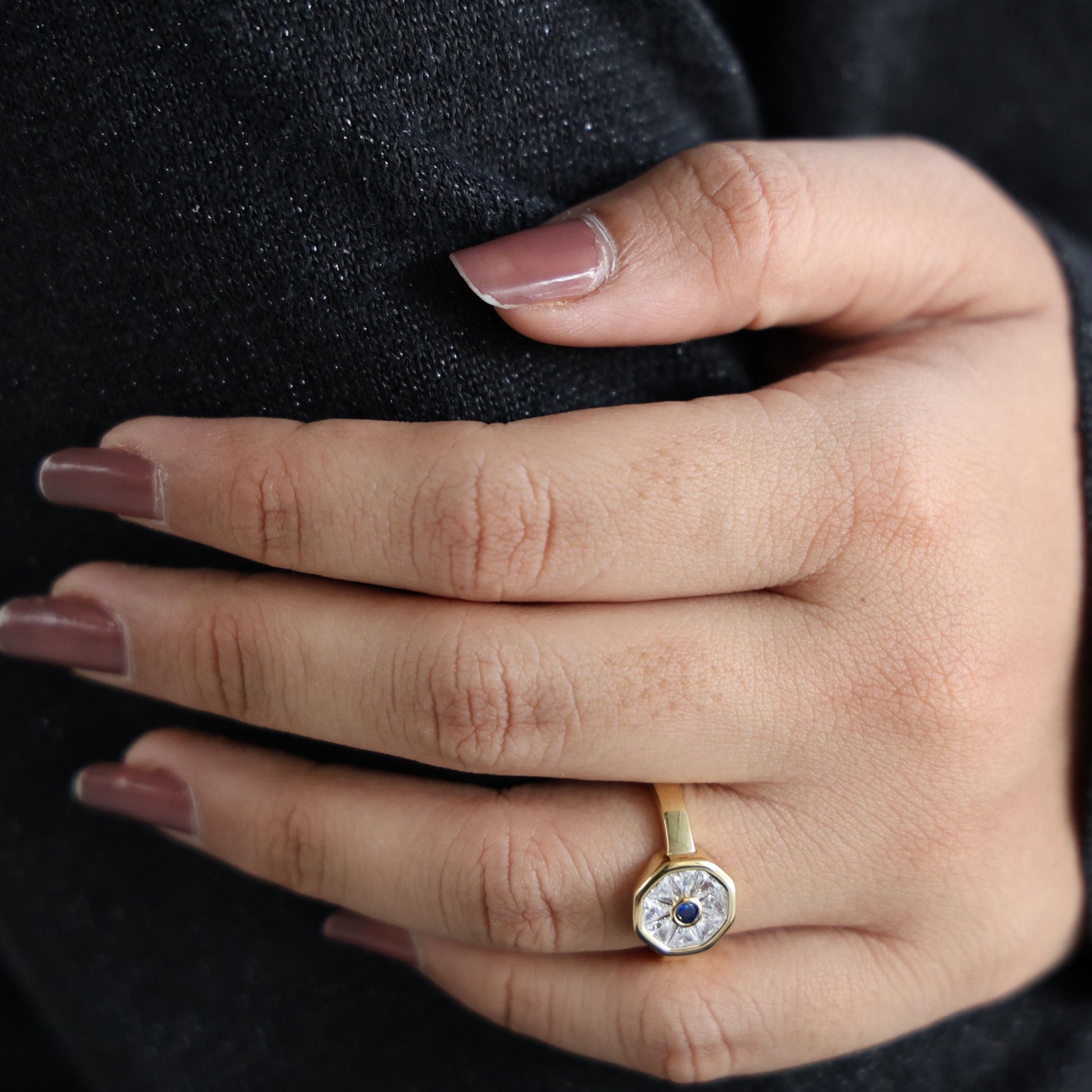 Geometric Evil Eye Statement Engagement Ring in 14K Gold, 0.94 TCW Round/Tapper Baguette Cut Gemstone/Lab Created Diamonds, Gift for Wife - Shoora Designs