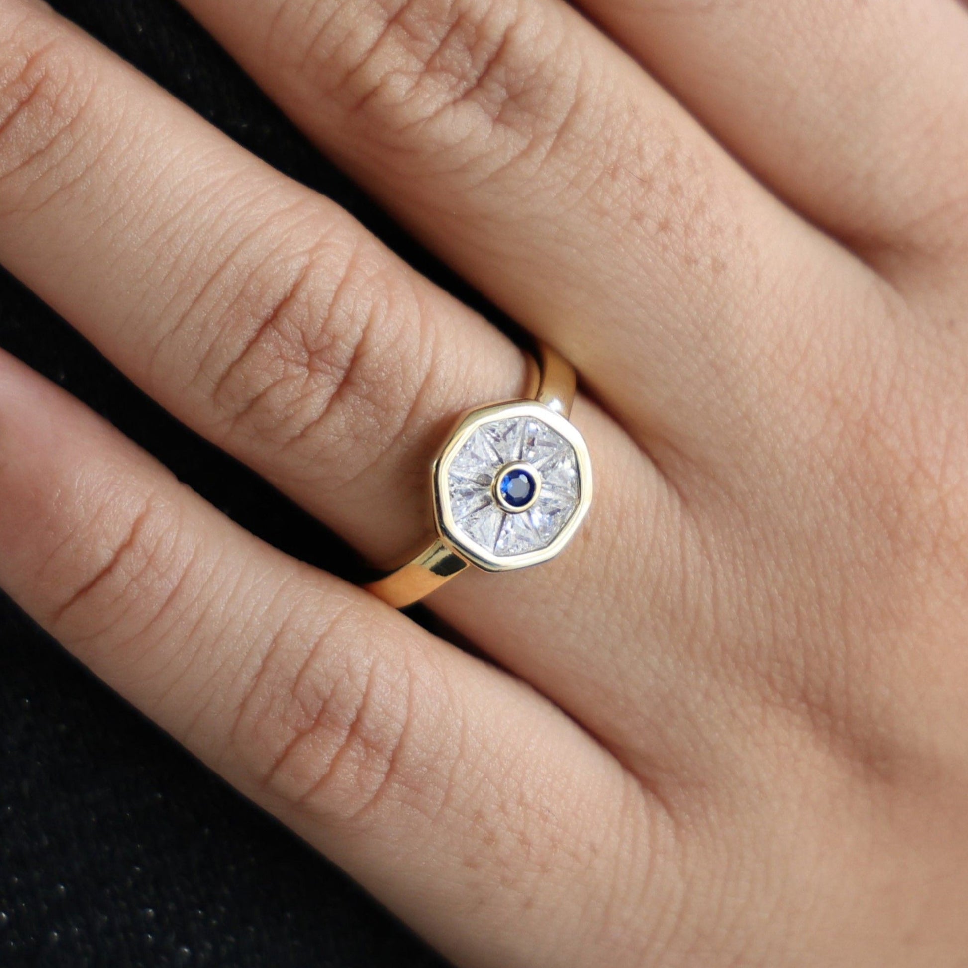Geometric Evil Eye Statement Engagement Ring in 14K Gold, 0.94 TCW Round/Tapper Baguette Cut Gemstone/Lab Created Diamonds, Gift for Wife - Shoora Designs