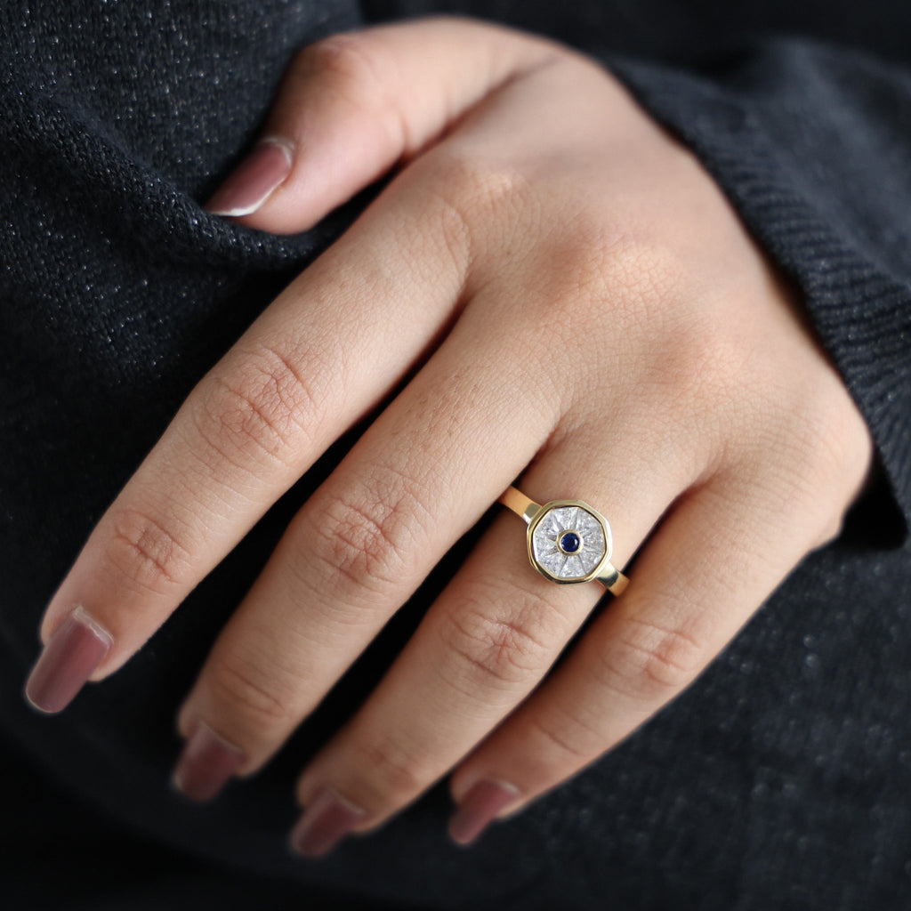 Geometric Evil Eye Statement Engagement Ring in 14K Gold, 0.94 TCW Round/Tapper Baguette Cut Gemstone/Lab Created Diamonds, Gift for Wife - Shoora Designs