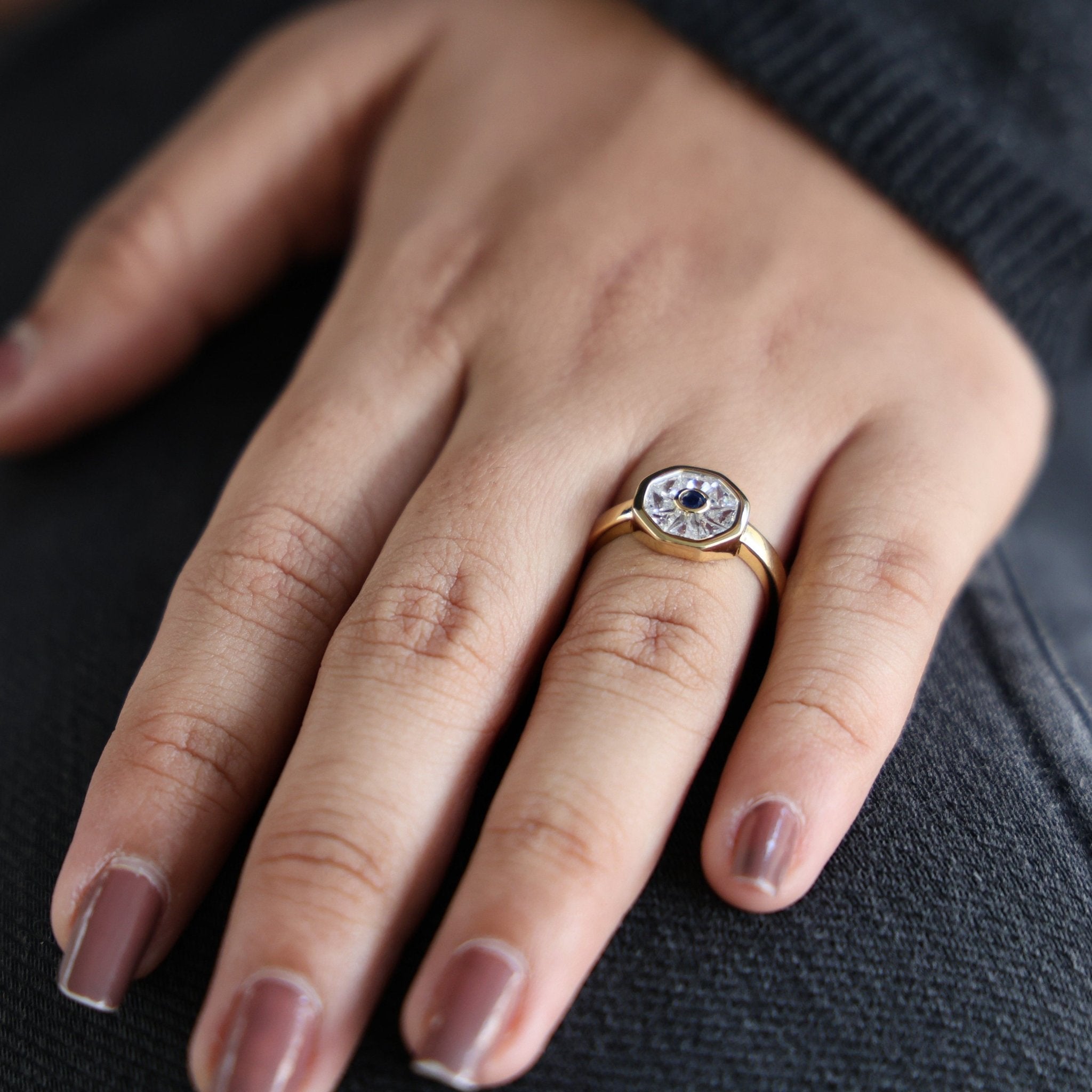 Geometric Evil Eye Statement Engagement Ring in 14K Gold, 0.94 TCW Round/Tapper Baguette Cut Gemstone/Lab Created Diamonds, Gift for Wife - Shoora Designs