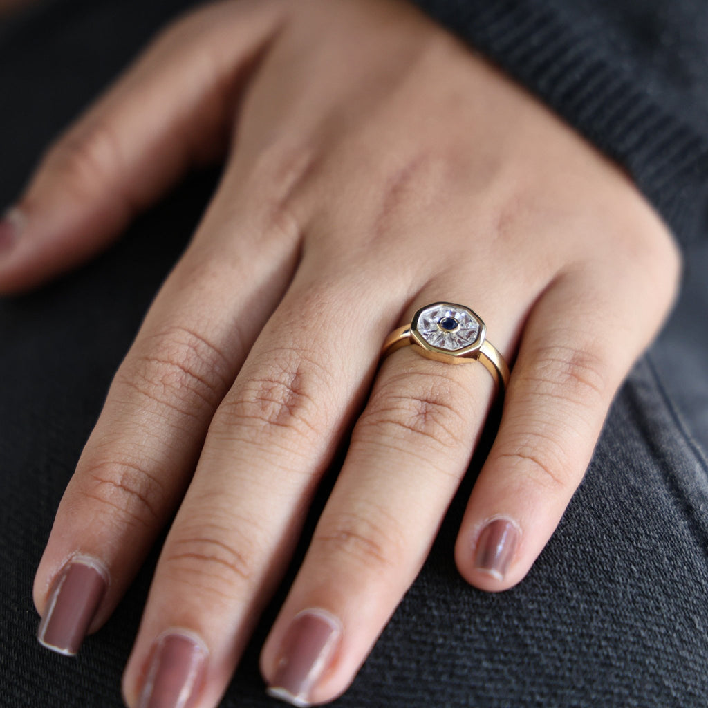 Geometric Evil Eye Statement Engagement Ring in 14K Gold, 0.94 TCW Round/Tapper Baguette Cut Gemstone/Lab Created Diamonds, Gift for Wife - Shoora Designs