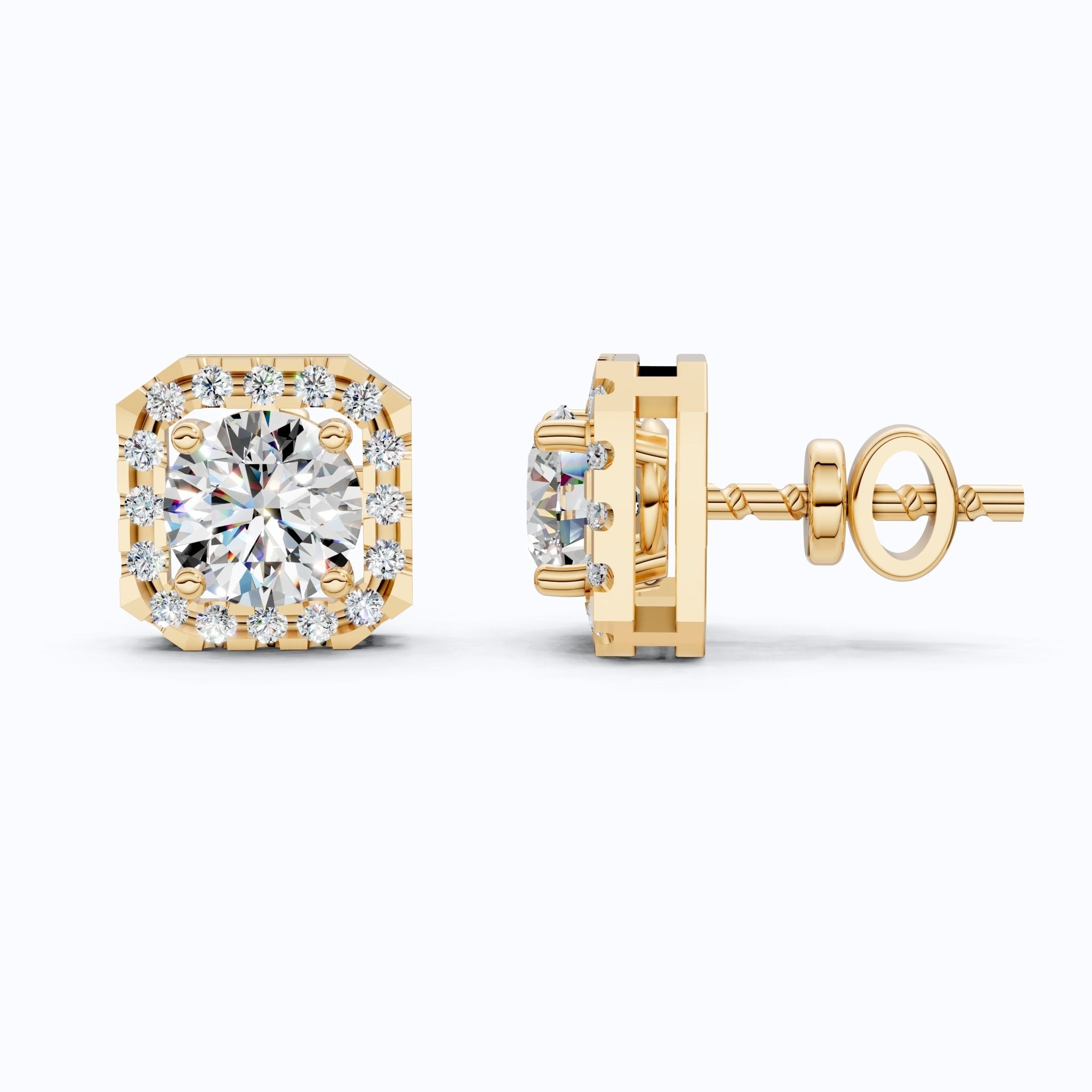 Geometric Halo Wedding Earrings in Lab Grown Diamond – 14k Solid Gold, Unique Stud Earrings For Women, Anniversary Gift, Bridal Jewelry - Shoora Designs