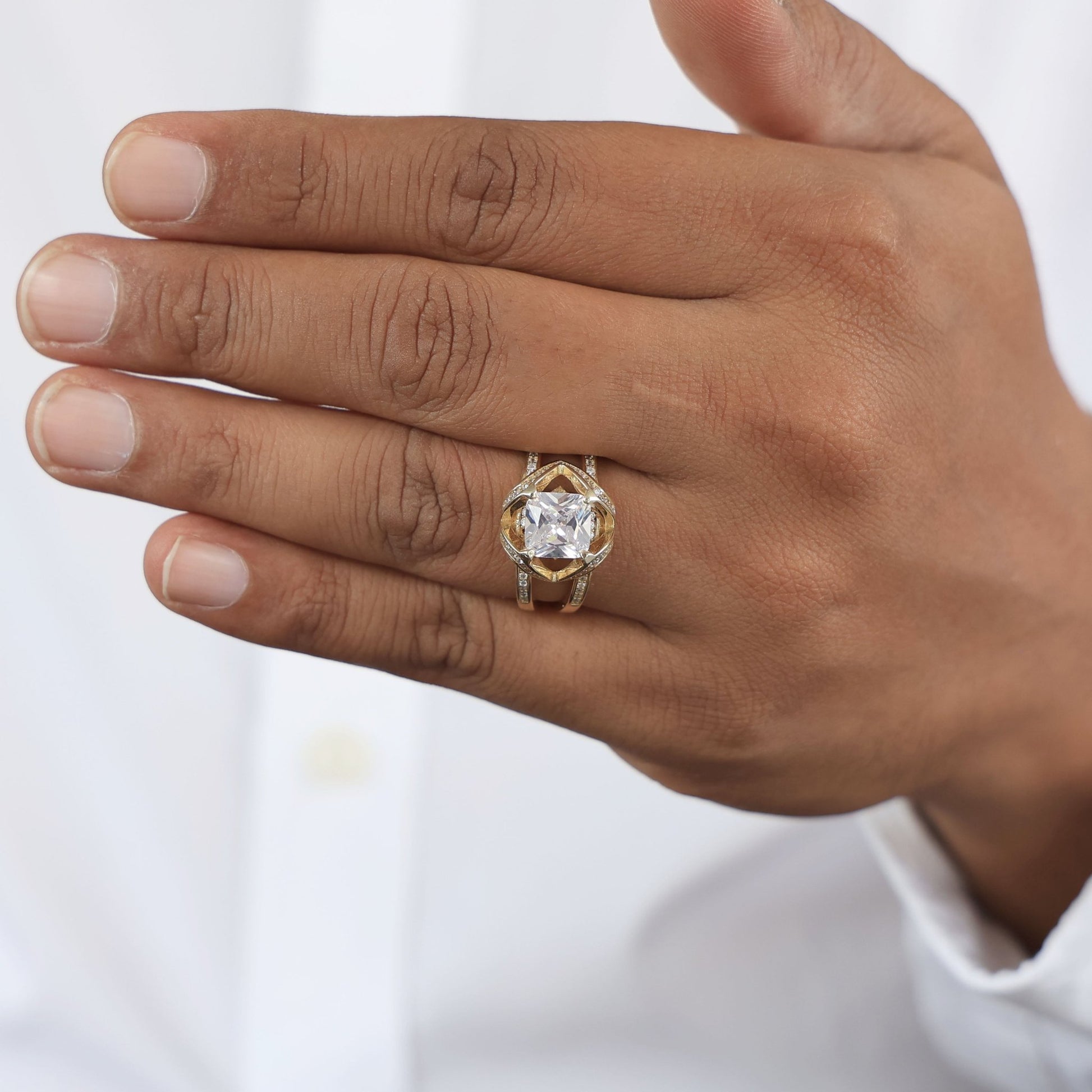 Geometric Halo Wide Band Design Men's Engagement Ring in 14k Solid Gold, 3.00 CT Cushion Cut Lab Created Diamond, Anniversary Gift, Party Wear Ring - Shoora Designs