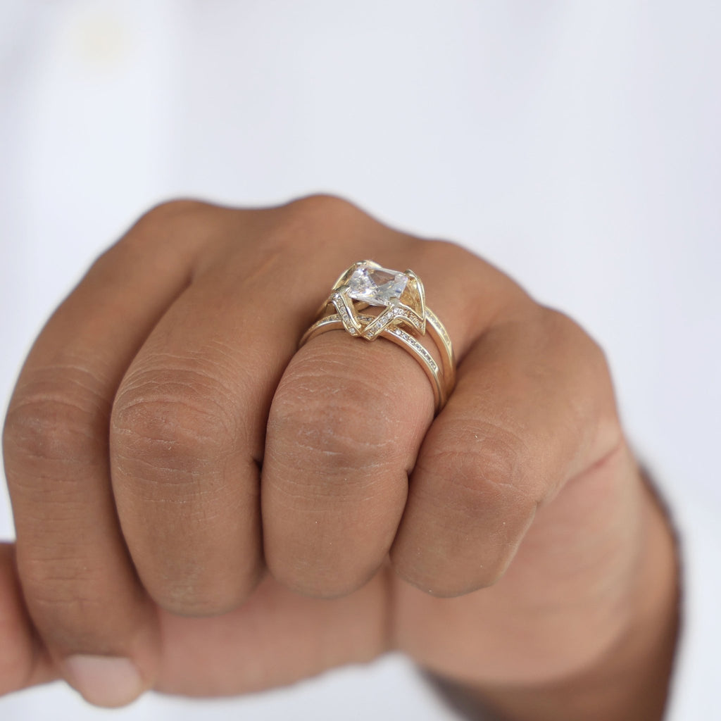 Geometric Halo Wide Band Design Men's Engagement Ring in 14k Solid Gold, 3.00 CT Cushion Cut Lab Created Diamond, Anniversary Gift, Party Wear Ring - Shoora Designs