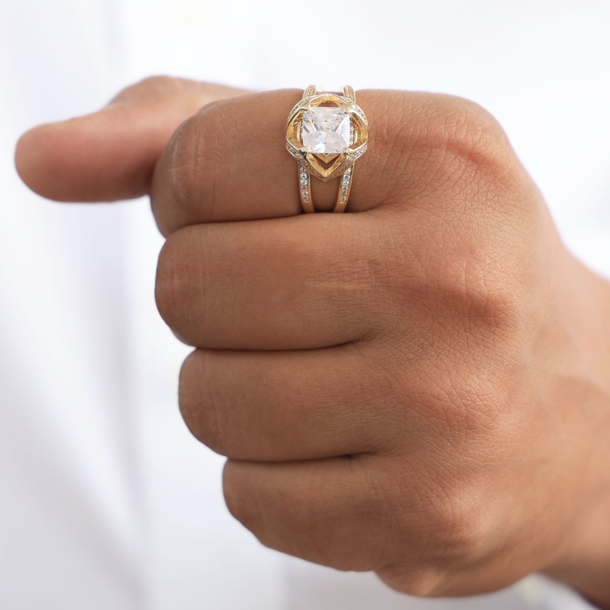 Geometric Halo Wide Band Design Men's Engagement Ring in 14k Solid Gold, 3.00 CT Cushion Cut Lab Created Diamond, Anniversary Gift, Party Wear Ring - Shoora Designs