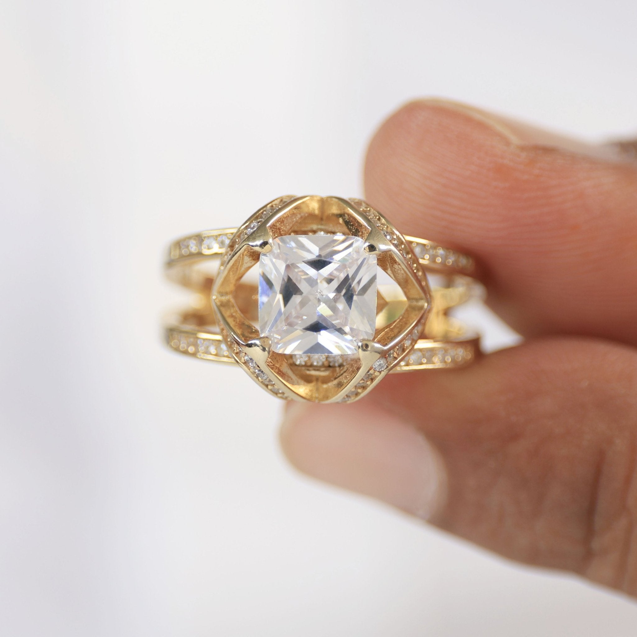 Geometric Halo Wide Band Design Men's Engagement Ring in 14k Solid Gold, 3.00 CT Cushion Cut Lab Created Diamond, Anniversary Gift, Party Wear Ring - Shoora Designs